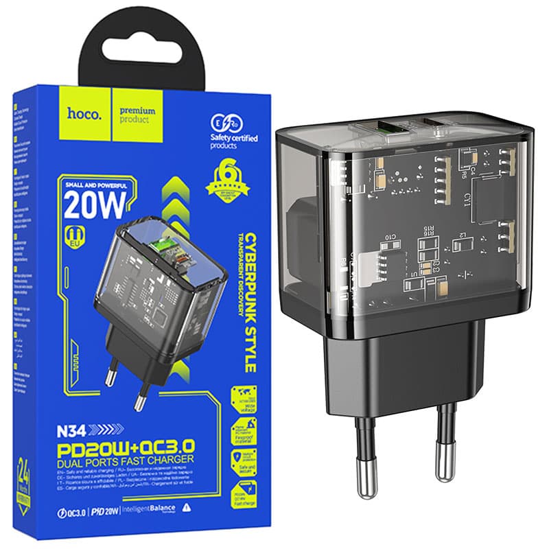 Hoco (N34) - Incarcator Retea, 20W, 1xUSB-C, 1xUSB-A, PD, QC 3.0, Clear, Black 1