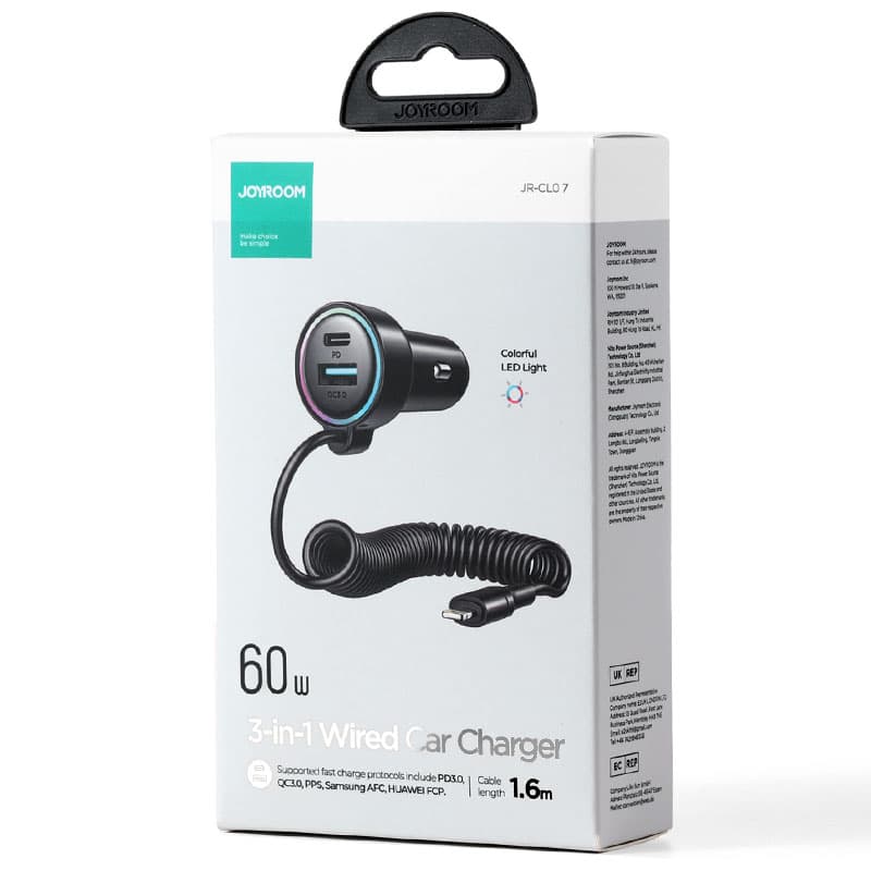 Joyroom (JR-CL07) - Incarcator Auto Cu Fir, PD55W, 1xUSB-C, 1xUSB, Black 1