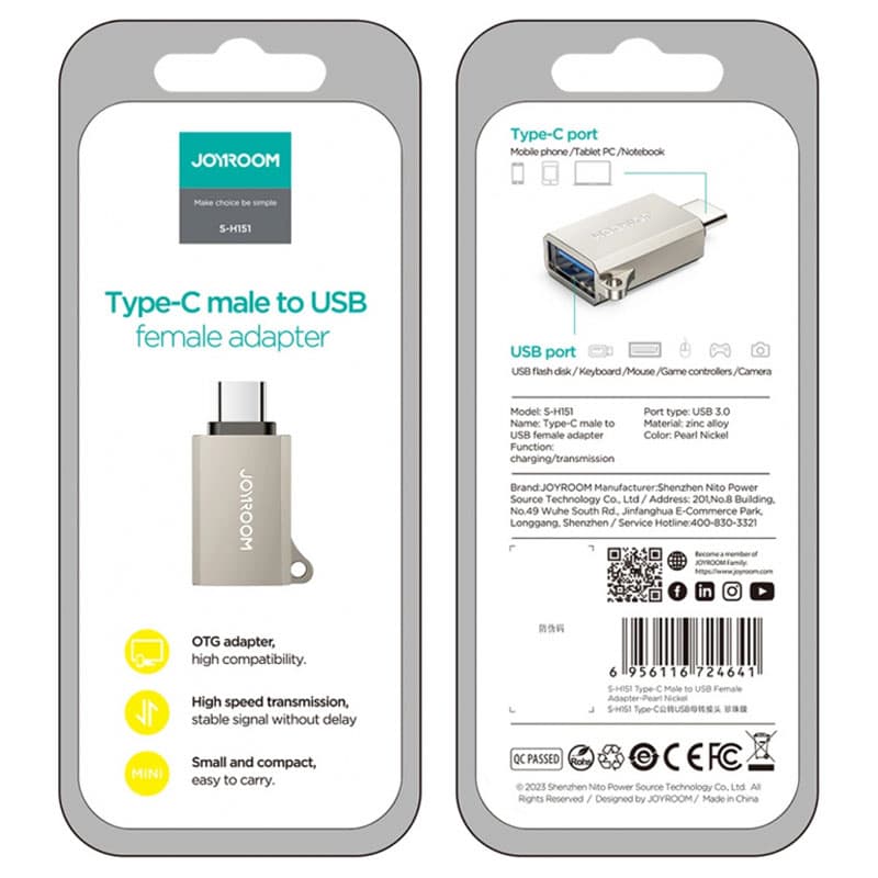 Joyroom (S-H151) - Adaptor OTG Transfer, USB la USB-C, Grey 1