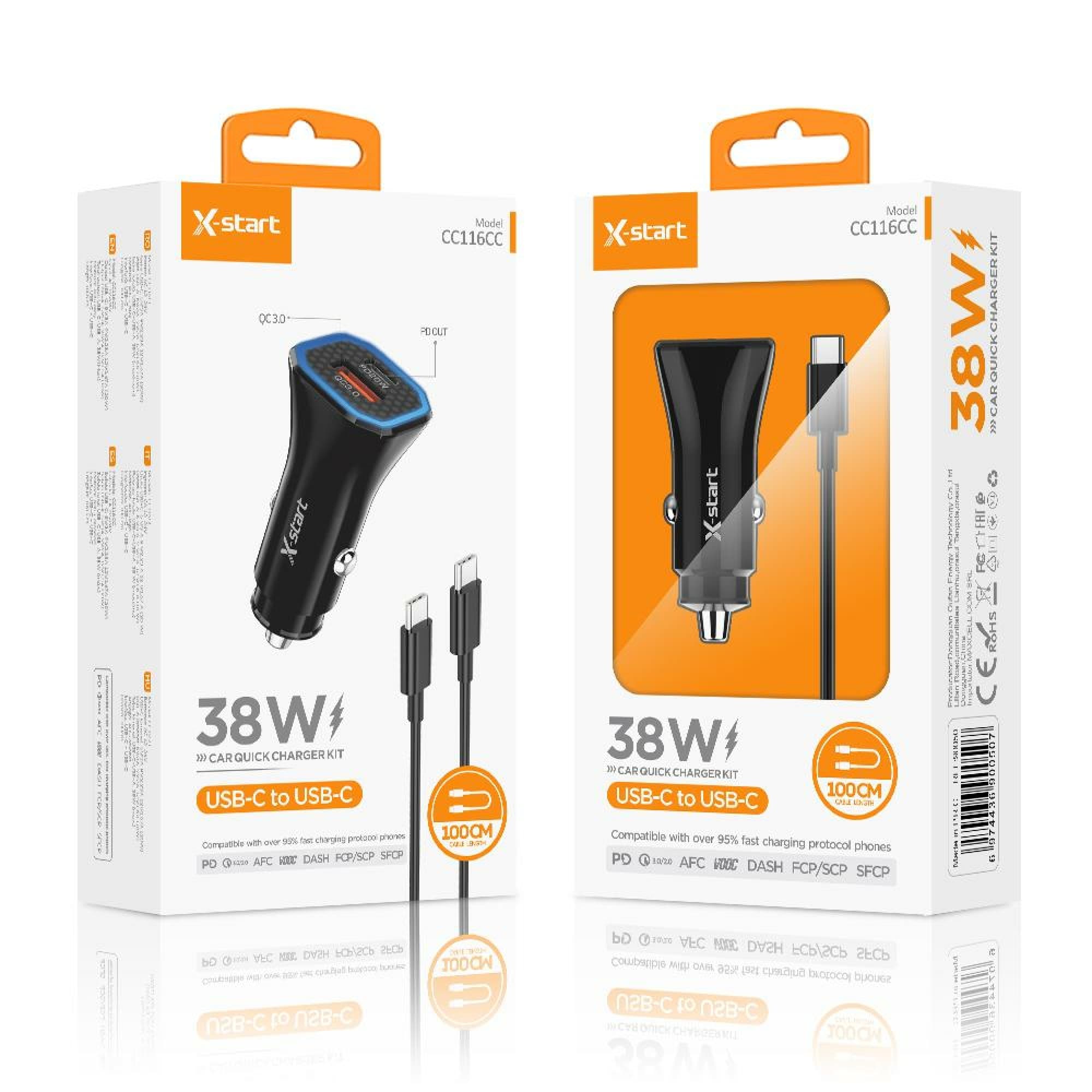 X-Start (CC116CC) - Incarcator auto + Cablu USB-C, 38W, 1xUSB-C, 1xUSB-A, QC 3.0, 1m, Black 1