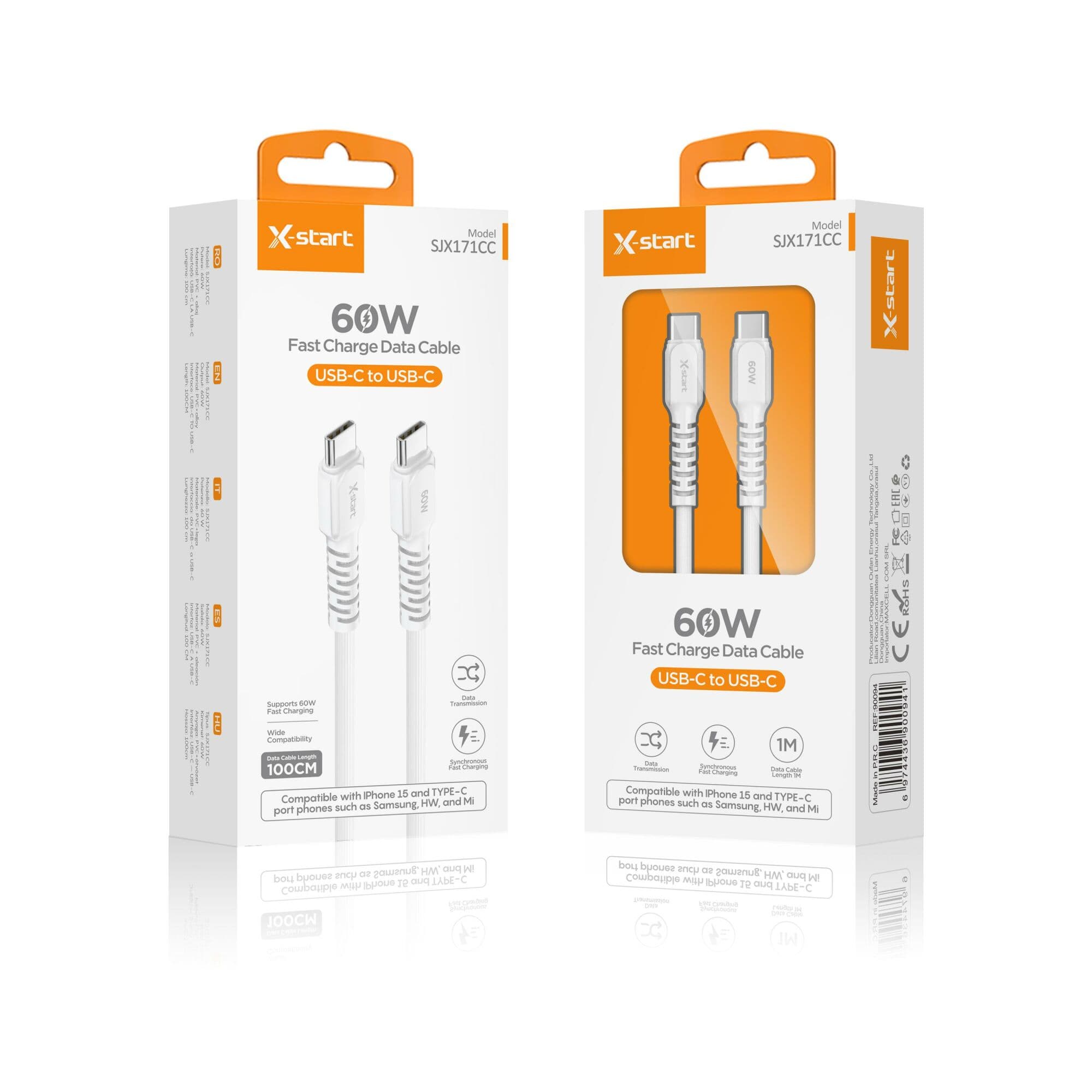 X-Start (SJX171C) - Cablu Date si Incarcare, USB-A la USB-C, 60W, 1m, Soft Texture, White 1