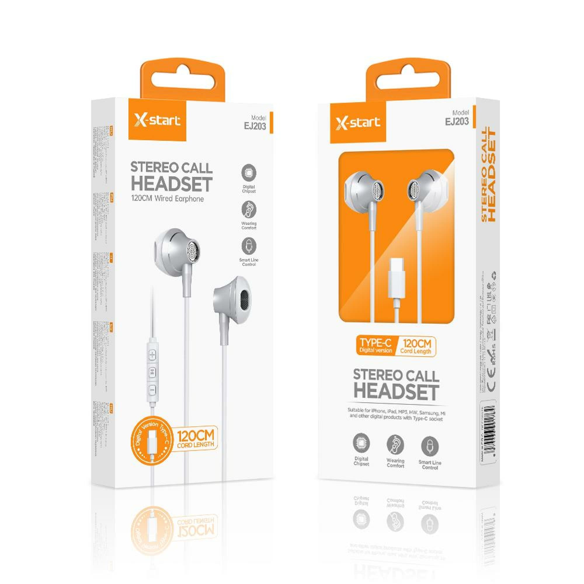 X-Start (EJ203) - Casti cu Fir, In Ear, USB-C, 1.2m, Mic &amp; Volume Key, 15 Series, Metallic, White 1