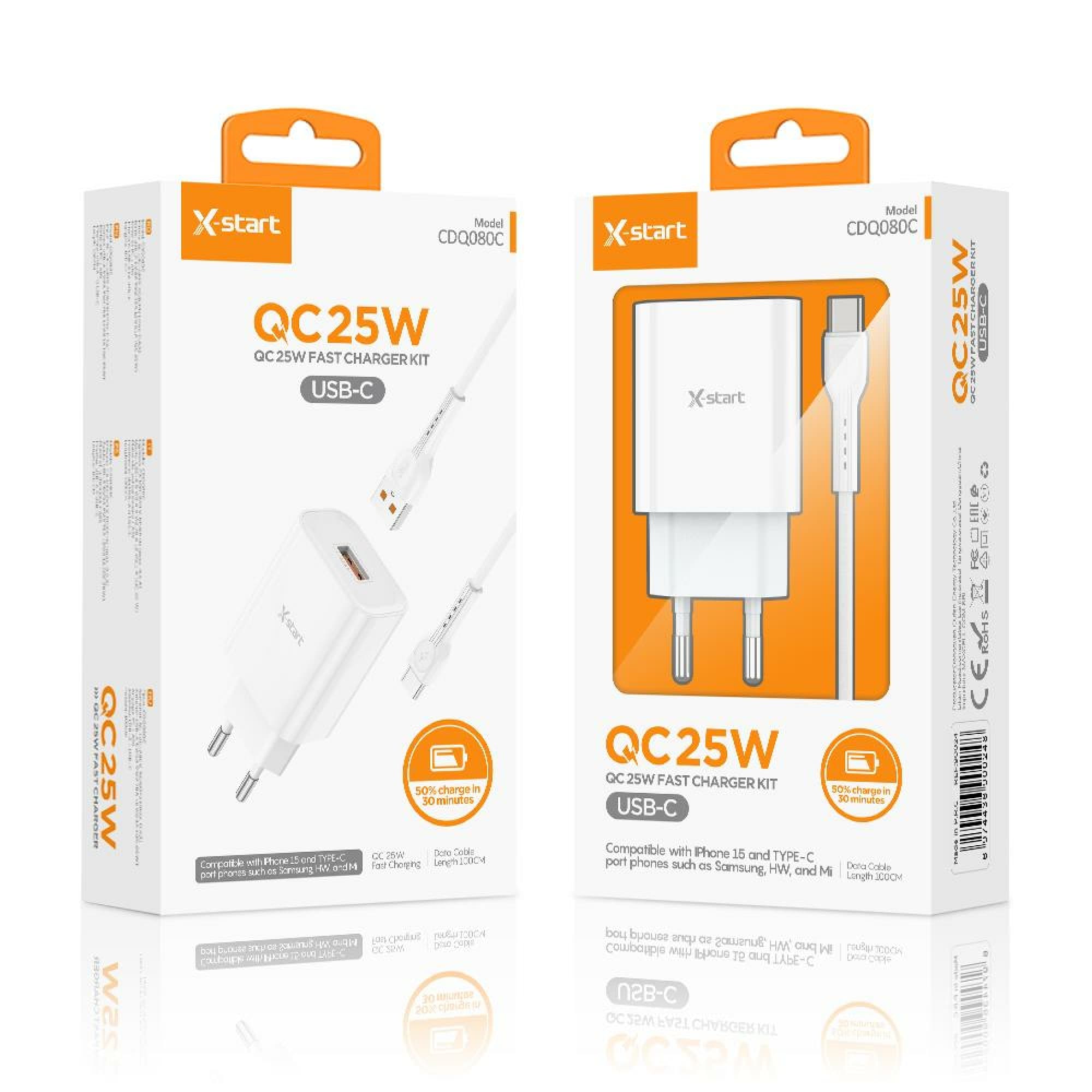 X-Start (CDQ080C) - Incarcator retea + Cablu USB-C, 25W, QC 3.0, 1xUSB-A, SuperFast, White 1