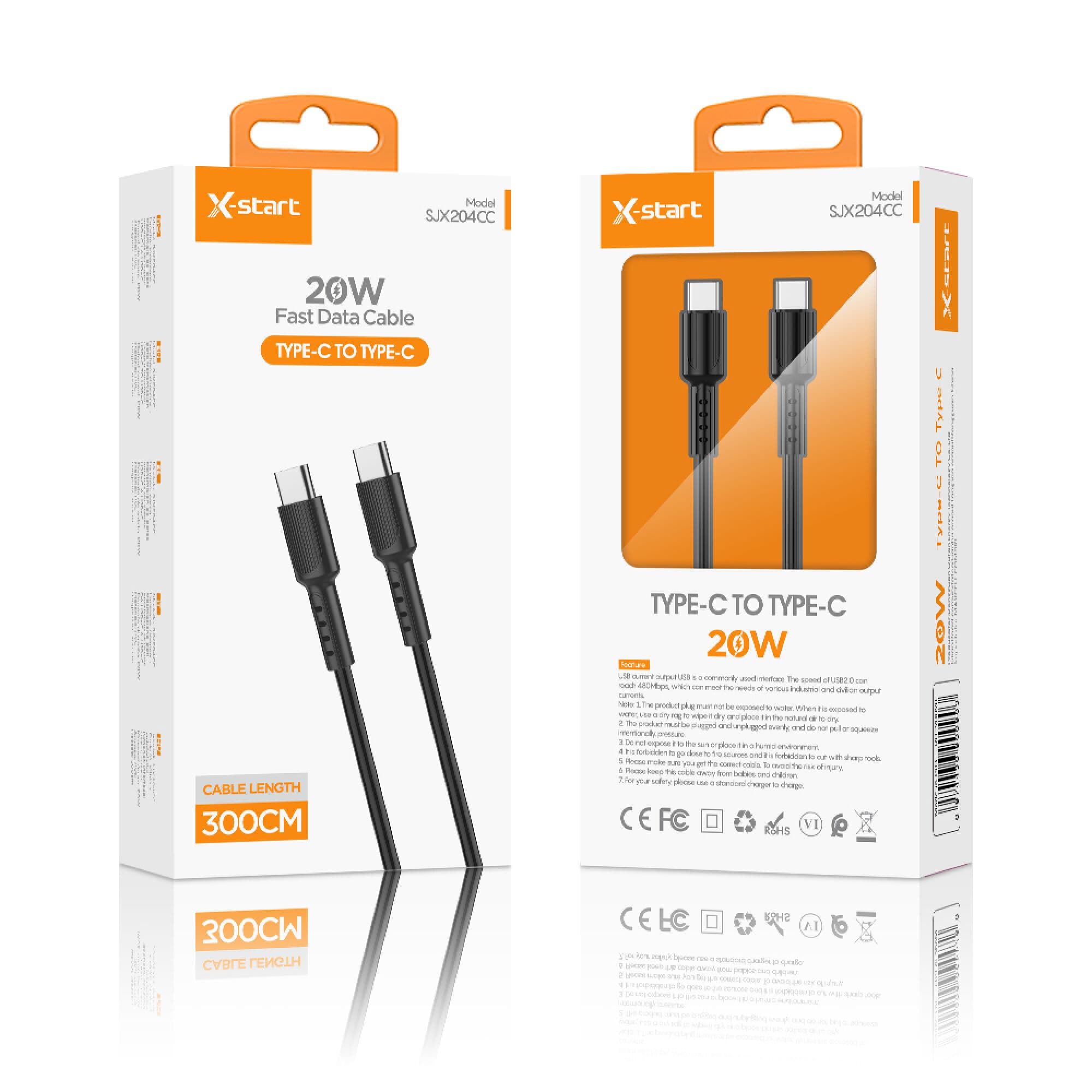 X-Start ( SJX204CC) - Cablu Date si Incarcare, USB-C, 20W, 3m, Basic Texture, Black 1