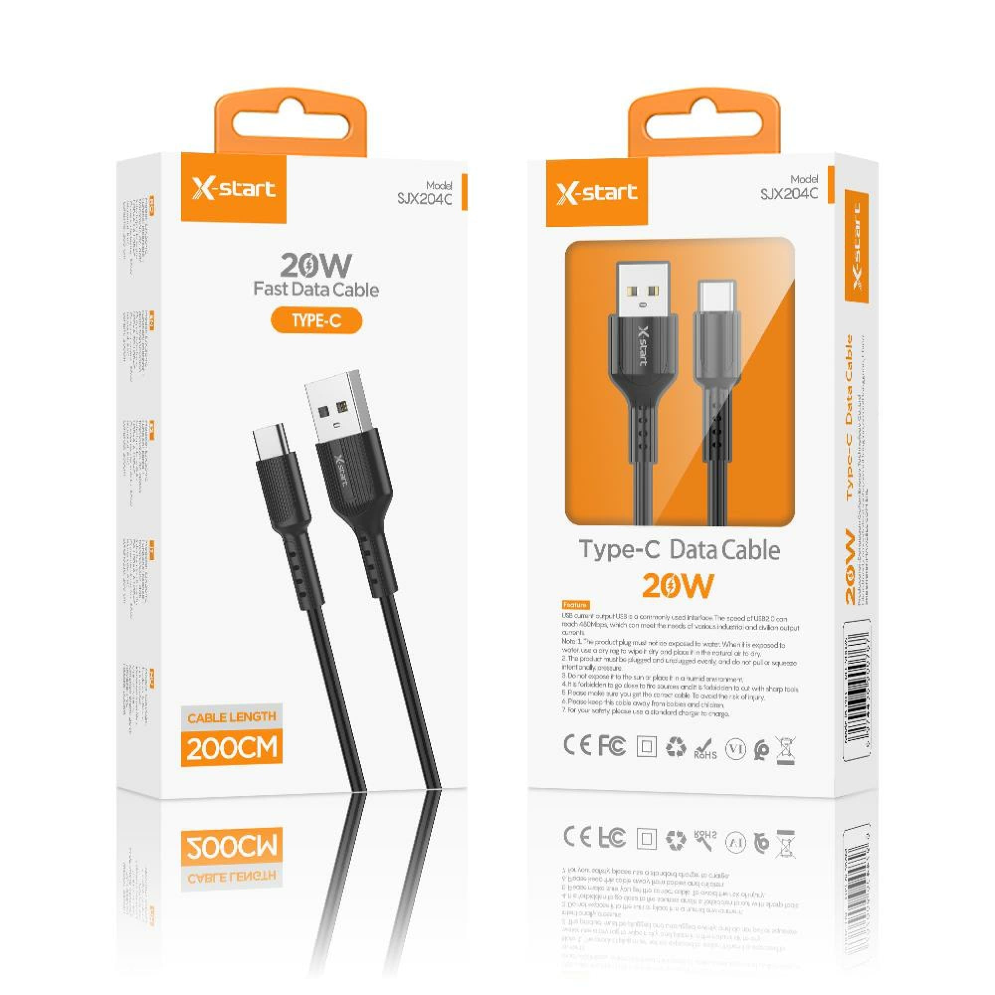 X-Start (SJX204C) - Cablu Date si Incarcare, USB-A la USB-C, 20W, 1m, Classic Texture, Black 1