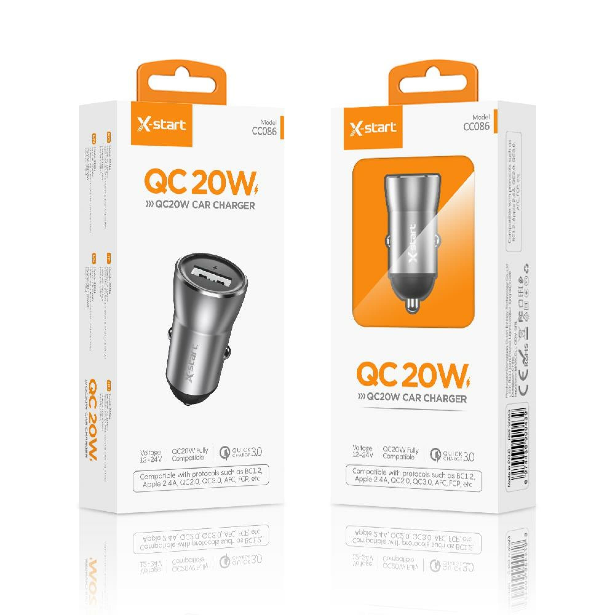 X-Start (CC086) - Incarcator auto,20W,QC 3.0,1xUSB-A,5V,3A,SuperFast ,Gray 1