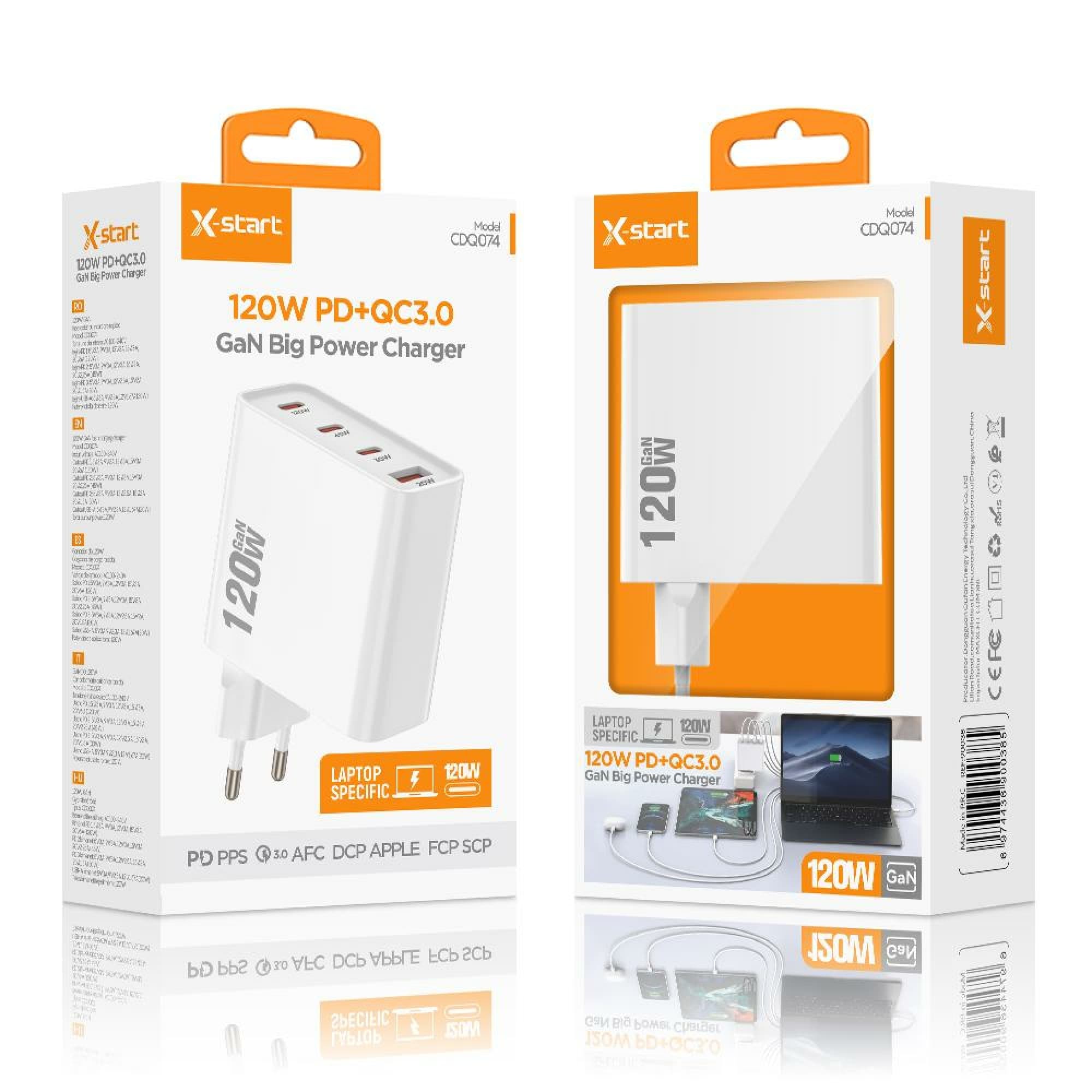 X-Start (CDQ074) - Incarcator Priza, GaN 120W, 3xUSB-C, 1xUSB-A, 20W, QC3.0, SuperFast, White 1
