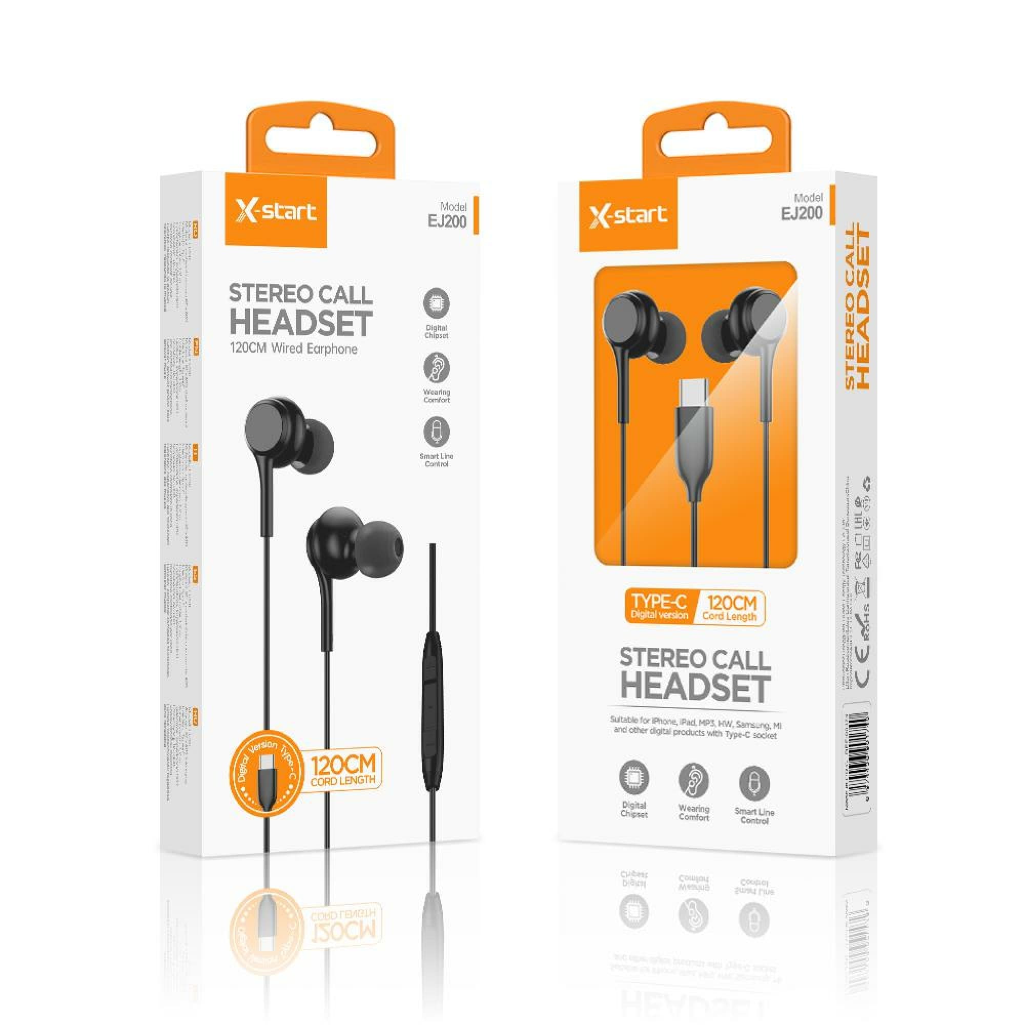 X-Start (EJ200) - Casti cu Fir, In Ear, USB-C, 1.2m, Mic &amp; Volume Key, Classic Series, Balck 1