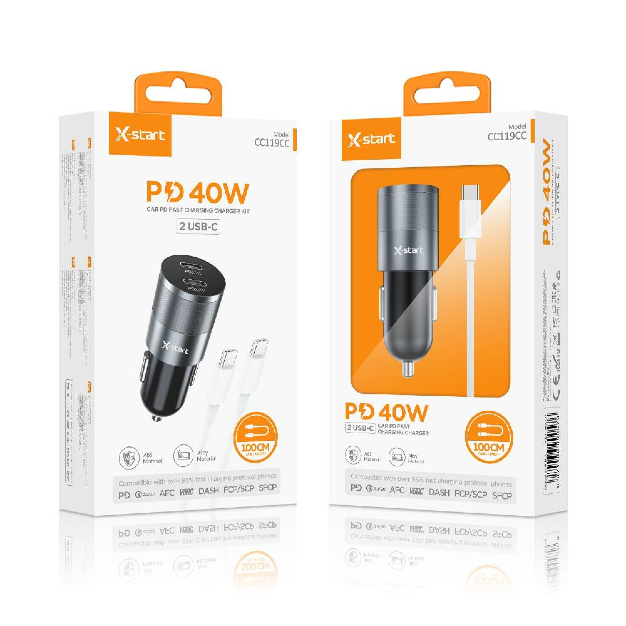 X-Start (CC119CC) - Incarcator auto + Cablu USB-C, PD40W, 2xUSB-C, 5V, 3A, SuperFast, 1m, Gray+Black 1