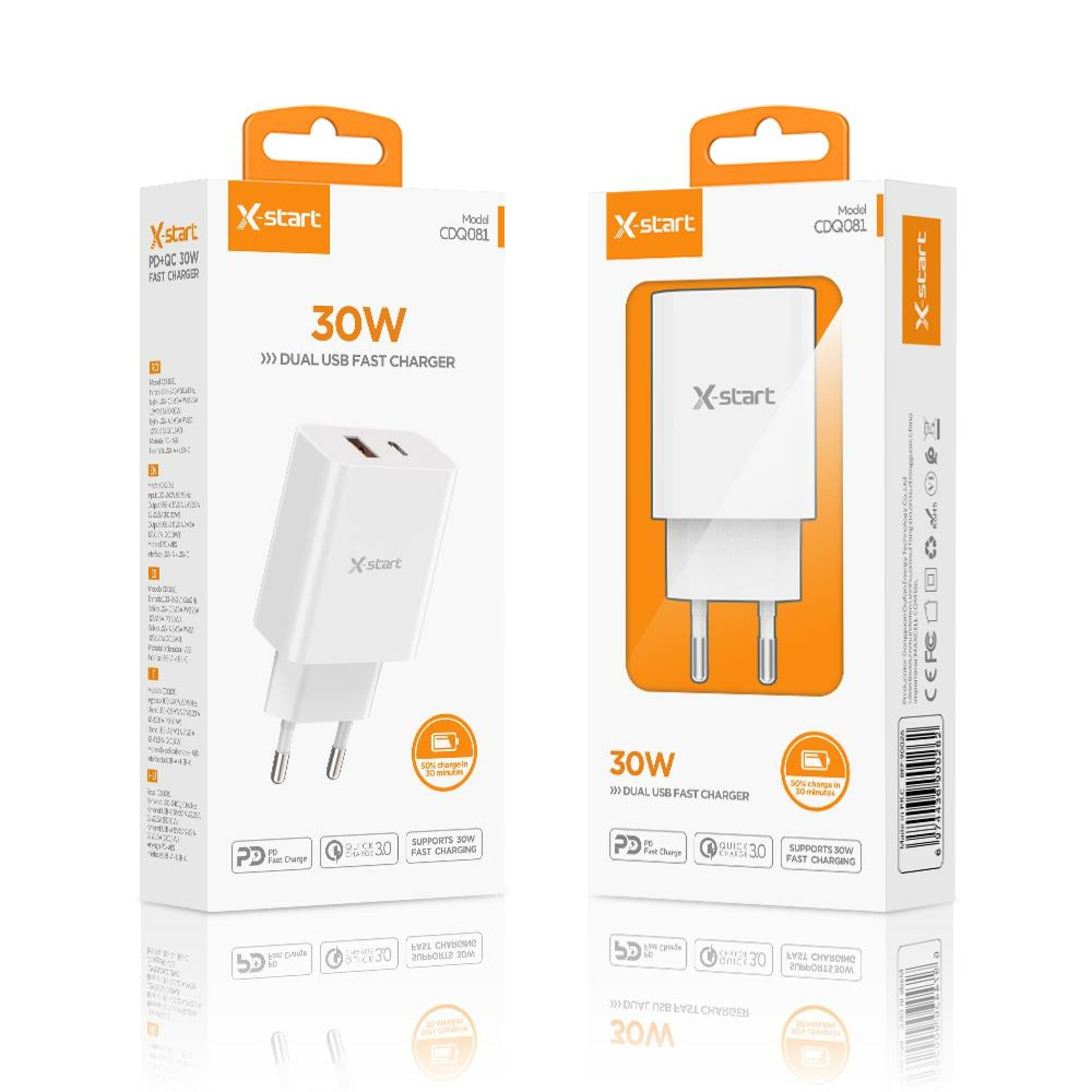 X-Start (CDQ081) - Incarcator Priza, 1xUSB-C, PD30W, 1xUSB-A, QC3.0, SuperFast, White 1
