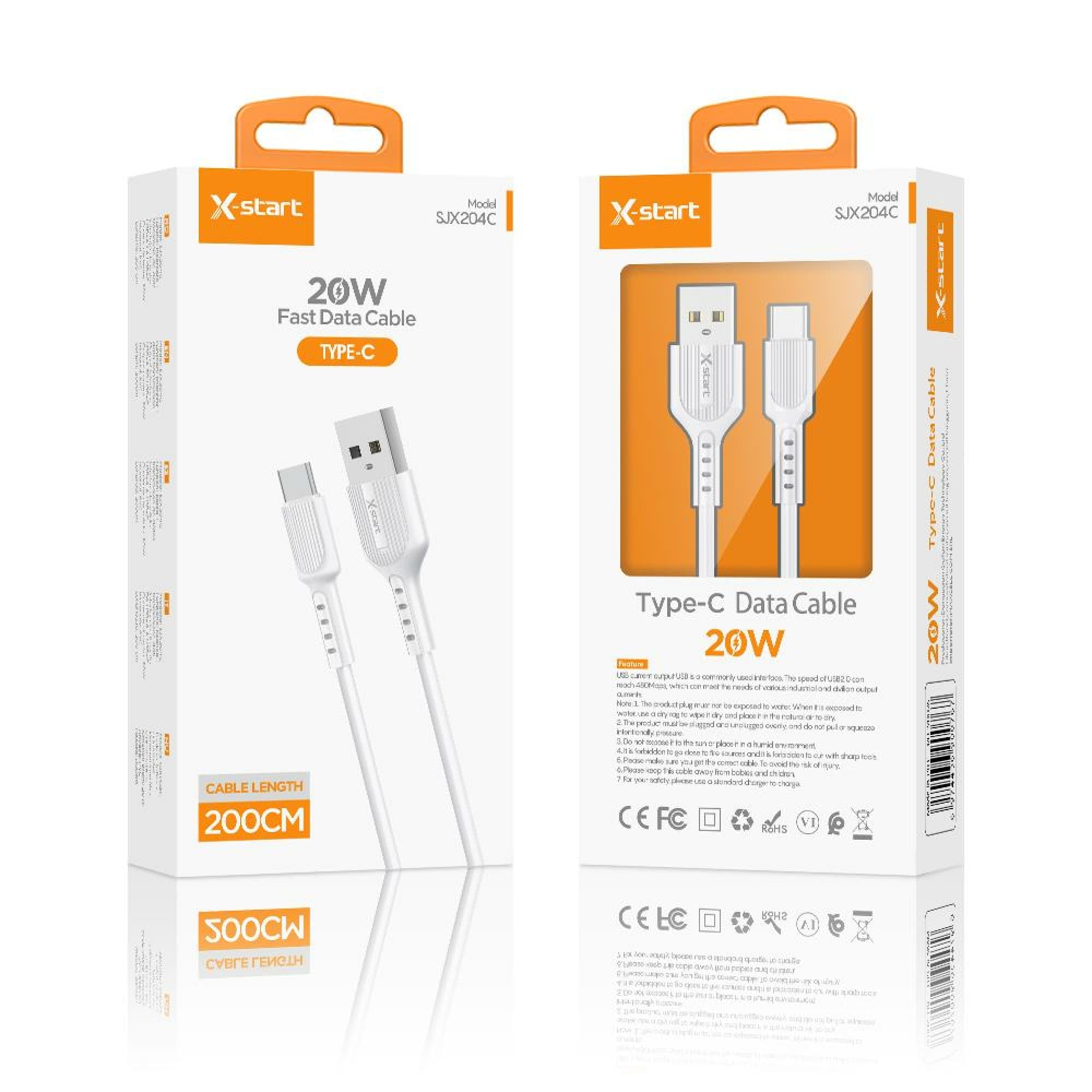 X-Start (SJX204C) - Cablu Date si Incarcare, USB-A la USB-C, 20W, 1m, Classic Texture, White 1