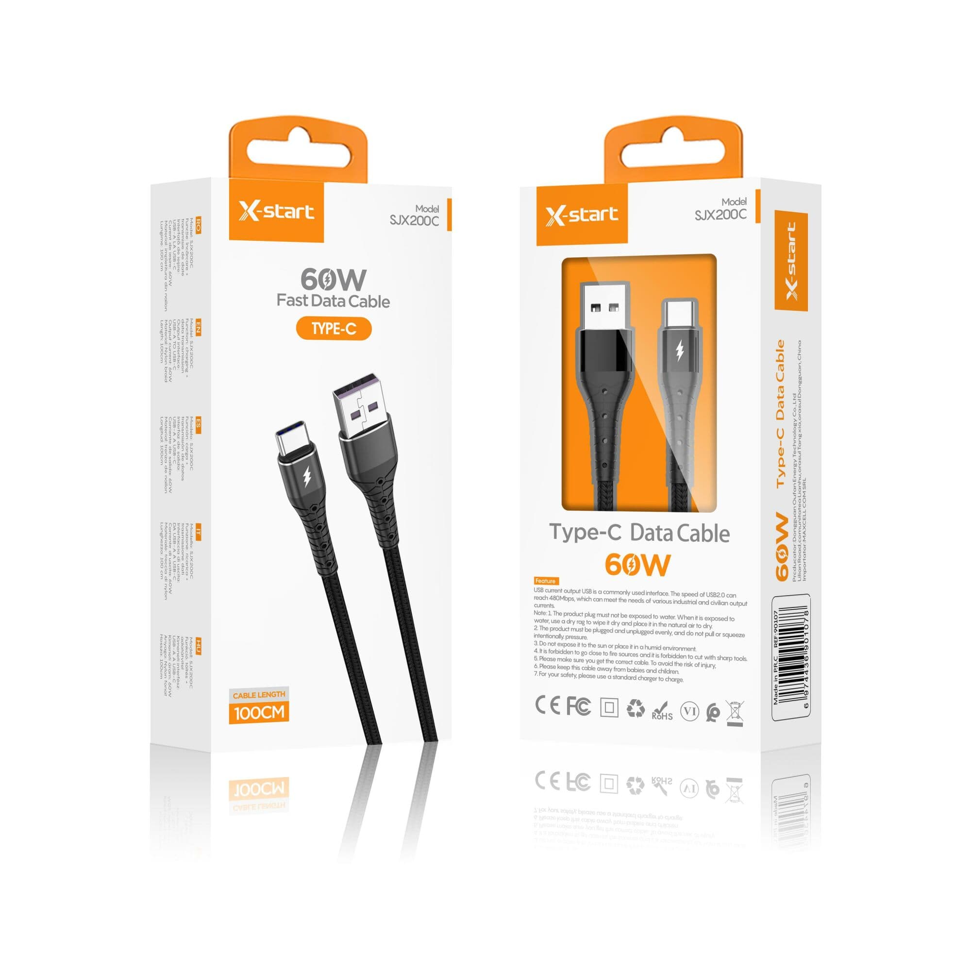X-Start (SJX200C) - Cablu Date si Incarcare, USB-A la USB-C, 60W, 1m, Fast Charge, Black 1