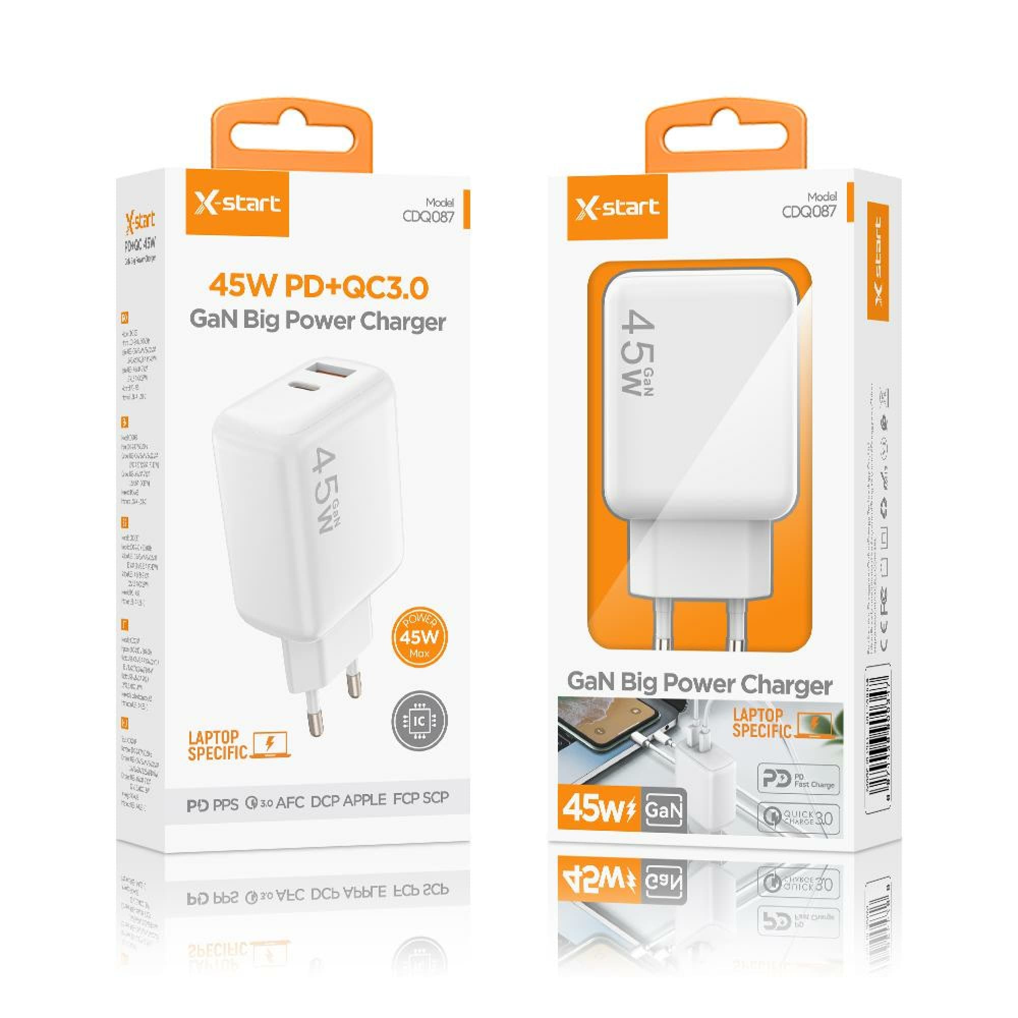 X-Start (CDQ087) - Incarcator Priza, GaN 1xUSB-C, PD45W, 1xUSB-A, 18W, QC3.0, SuperFast, White 1