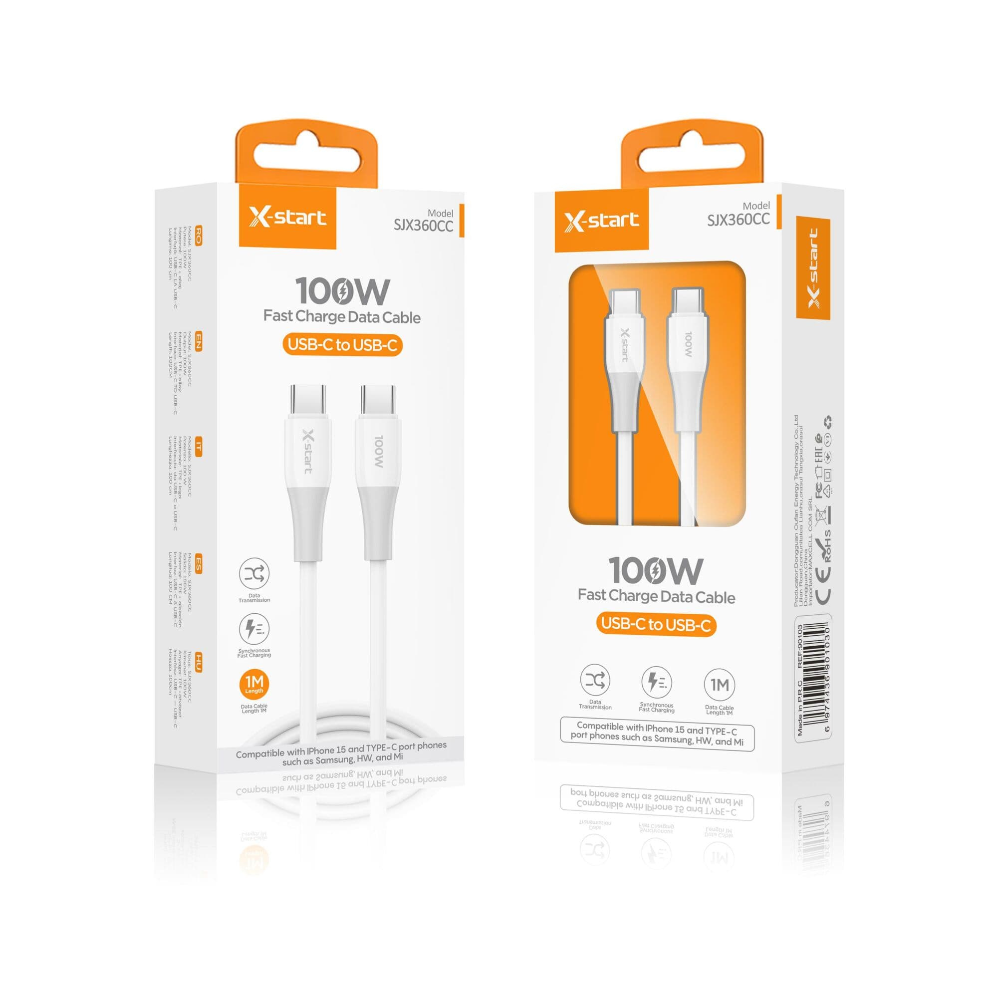 X-Start (SJX360CC) - Cablu Date si Incarcare, USB-C, 100W, 1m, Soft Texture, White 1