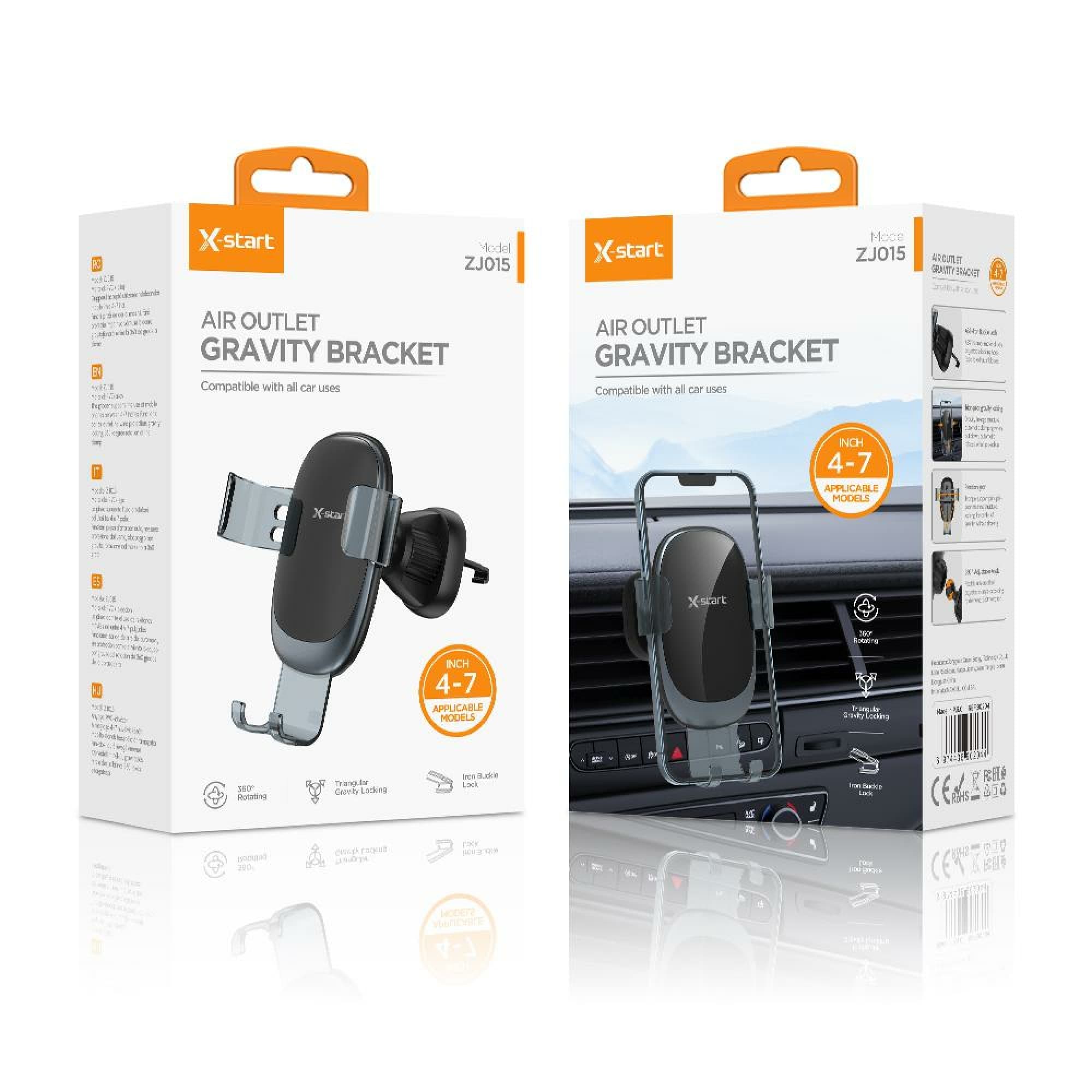 X-Start (ZJ015) - Suport Auto, montaj Ventilatie, 360°, Cleme, Gravity Lock, Black+Grey 1