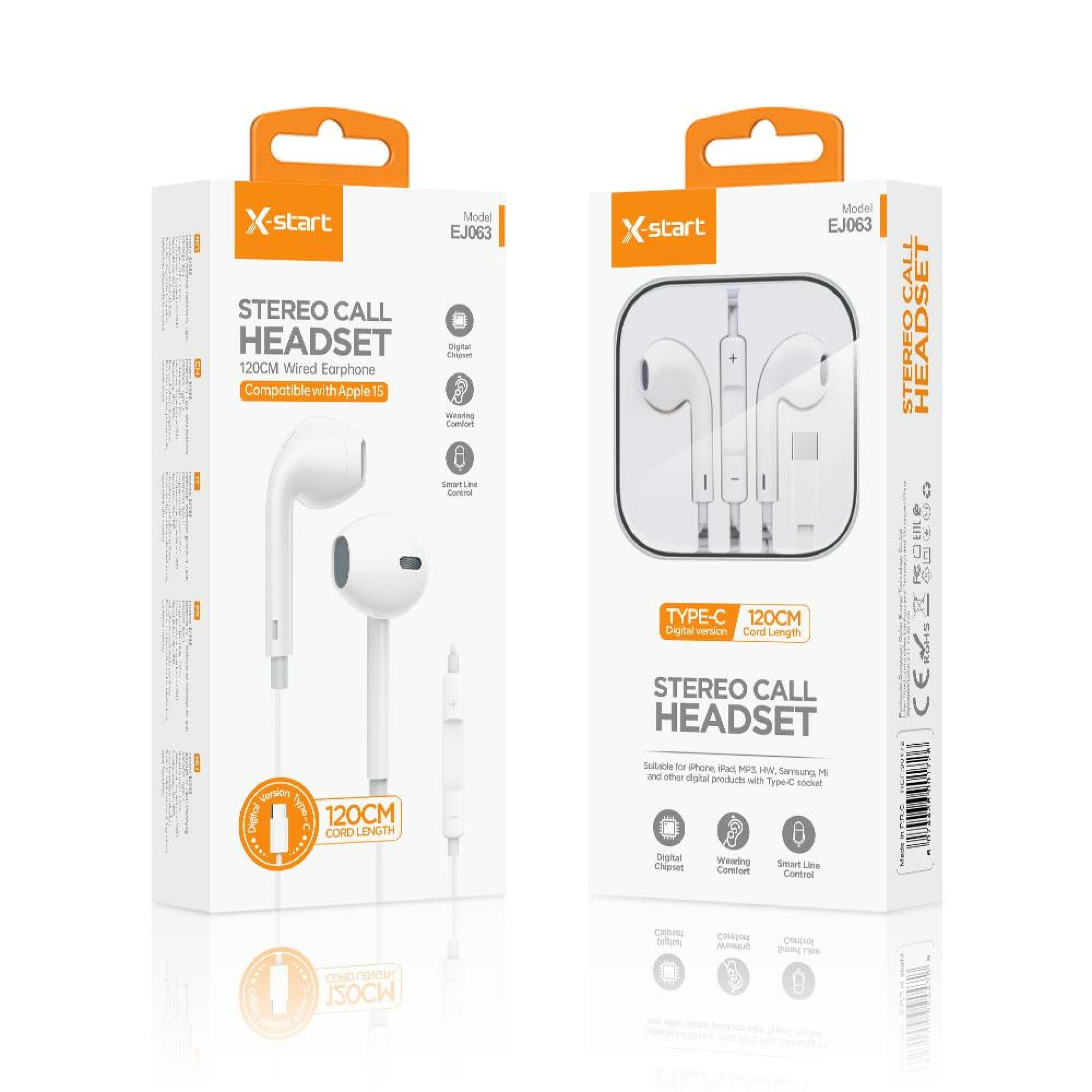 X-Start (EJ063) - Casti cu Fir, In Ear, USB-C, 1.2m, Mic &amp; Volume Key, 15 Series, White 1