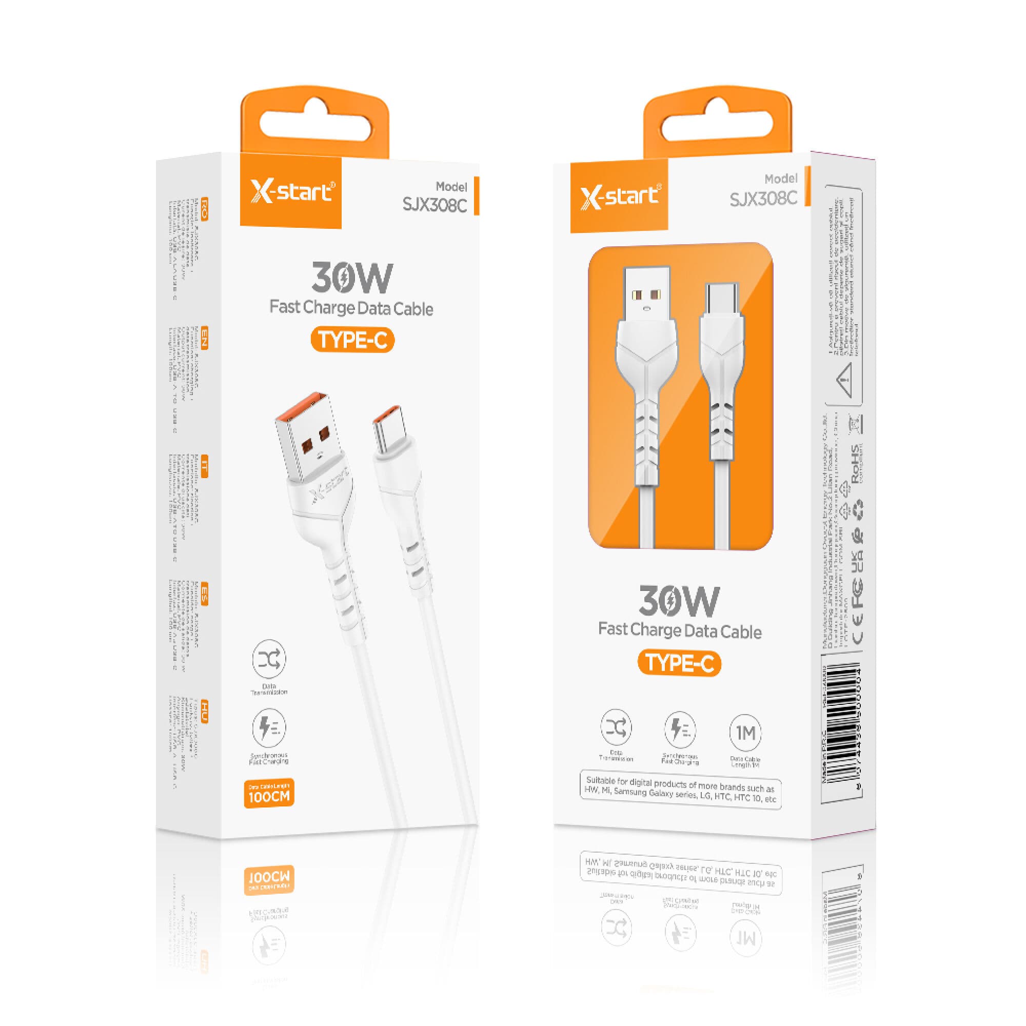X-Start ( SJX308C) - Cablu Date si Incarcare, USB-A la USB-C, 3A, 30W, 1m, White 1