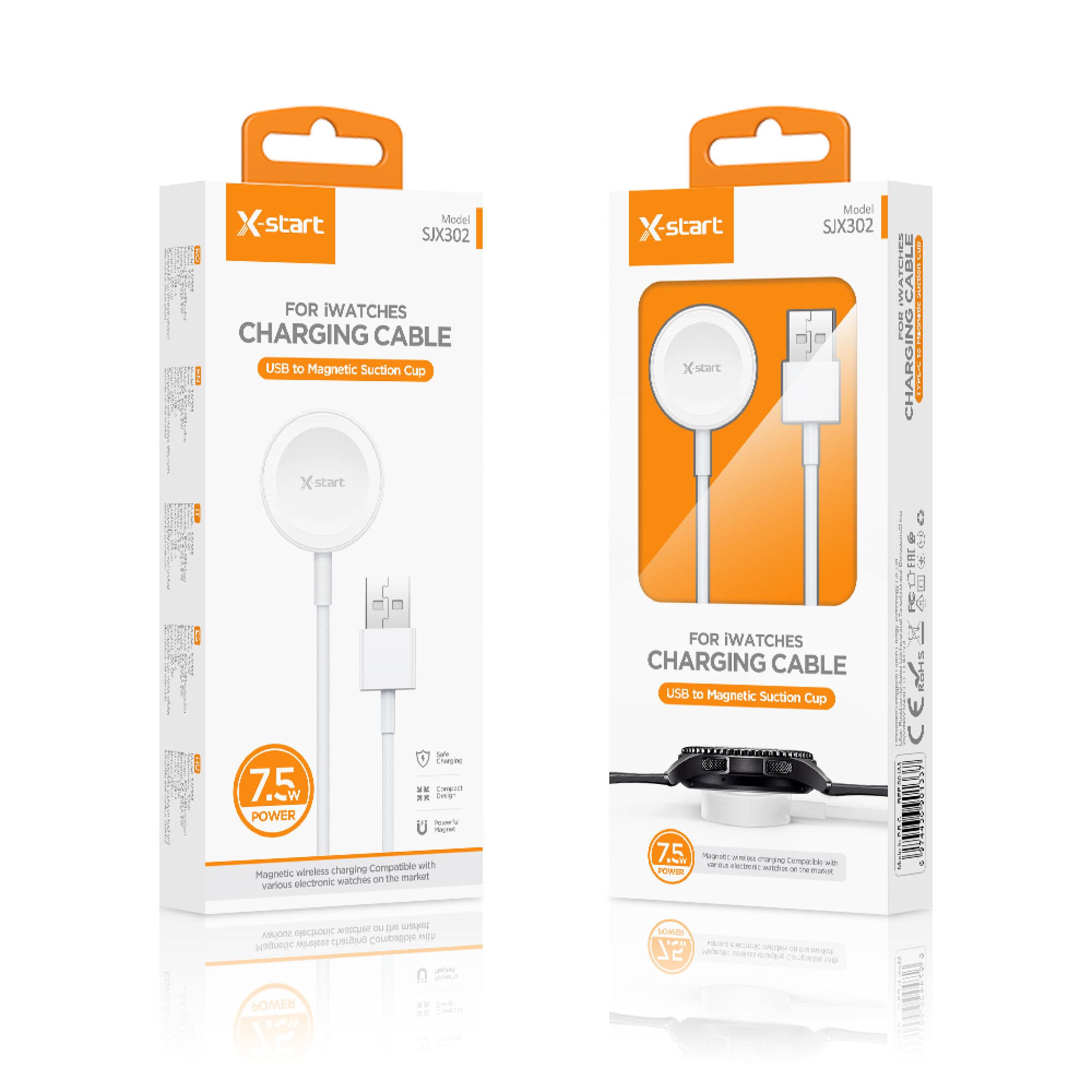 X-Start (SJX302) - Cablu incarcare iWatch, Seria 3/4/5/6/7, Wireless, Magnetic, 5W, USB-A, 1m, White 1