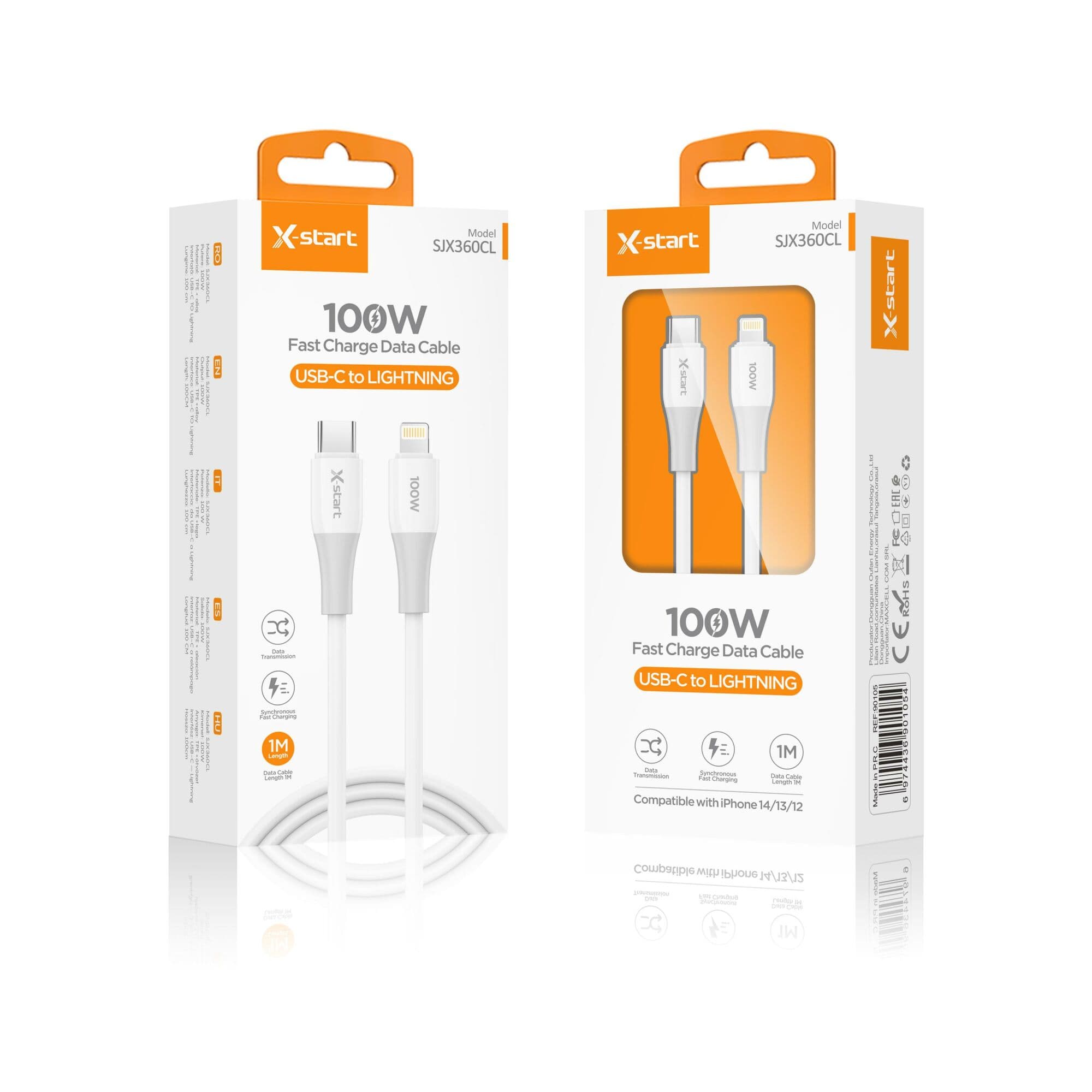 X-Start (SJX360CL) - Cablu Date si Incarcare, USB-C la Lightning, 100W, 1m, Soft Texture, White 1