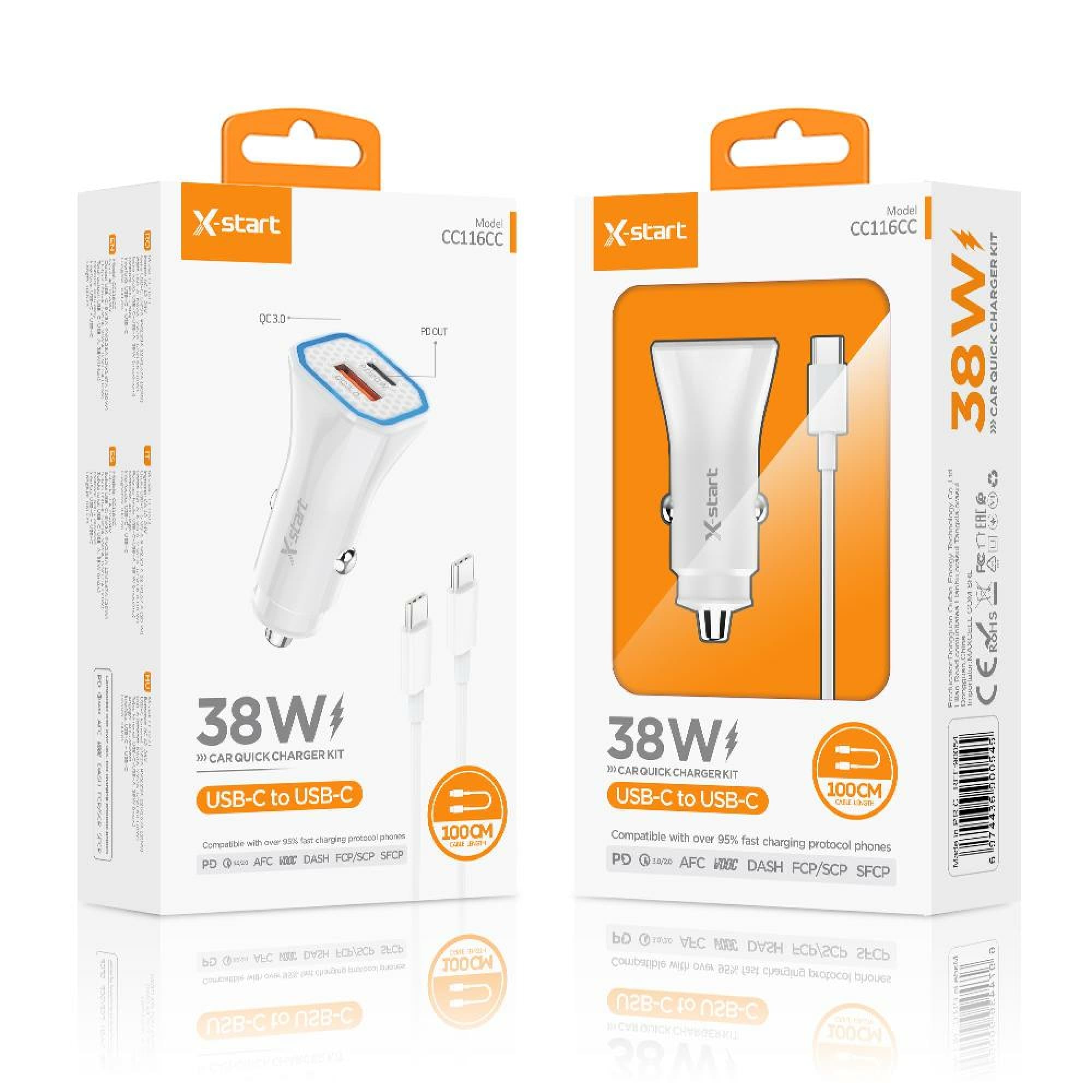 X-Start (CC116CC) - Incarcator auto + Cablu USB-C, 38W, 1xUSB-C, 1xUSB-A, QC 3.0, 1m, White 1