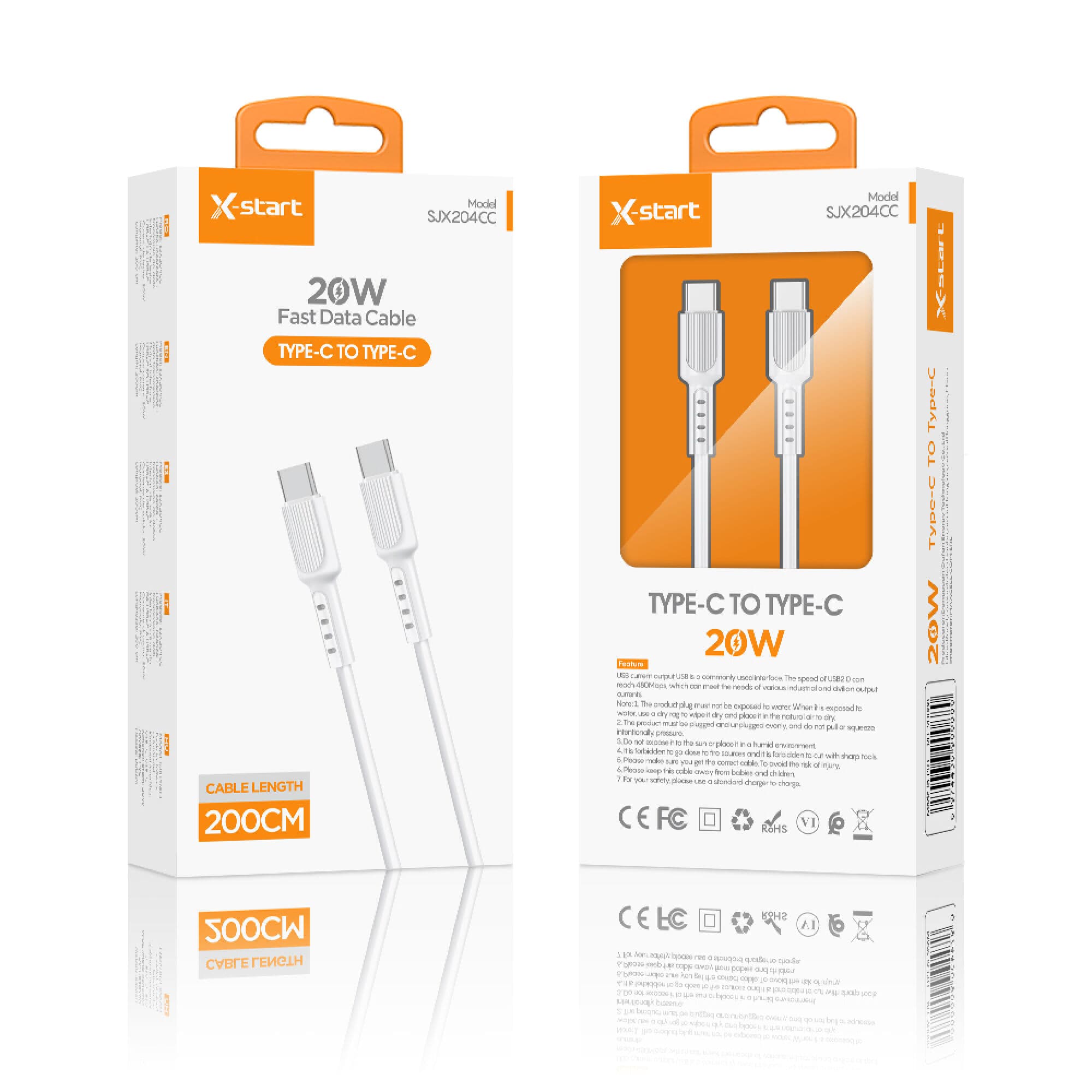 X-Start ( SJX204CC) - Cablu Date si Incarcare, USB-C, 20W, 2m, Basic Texture, White 1