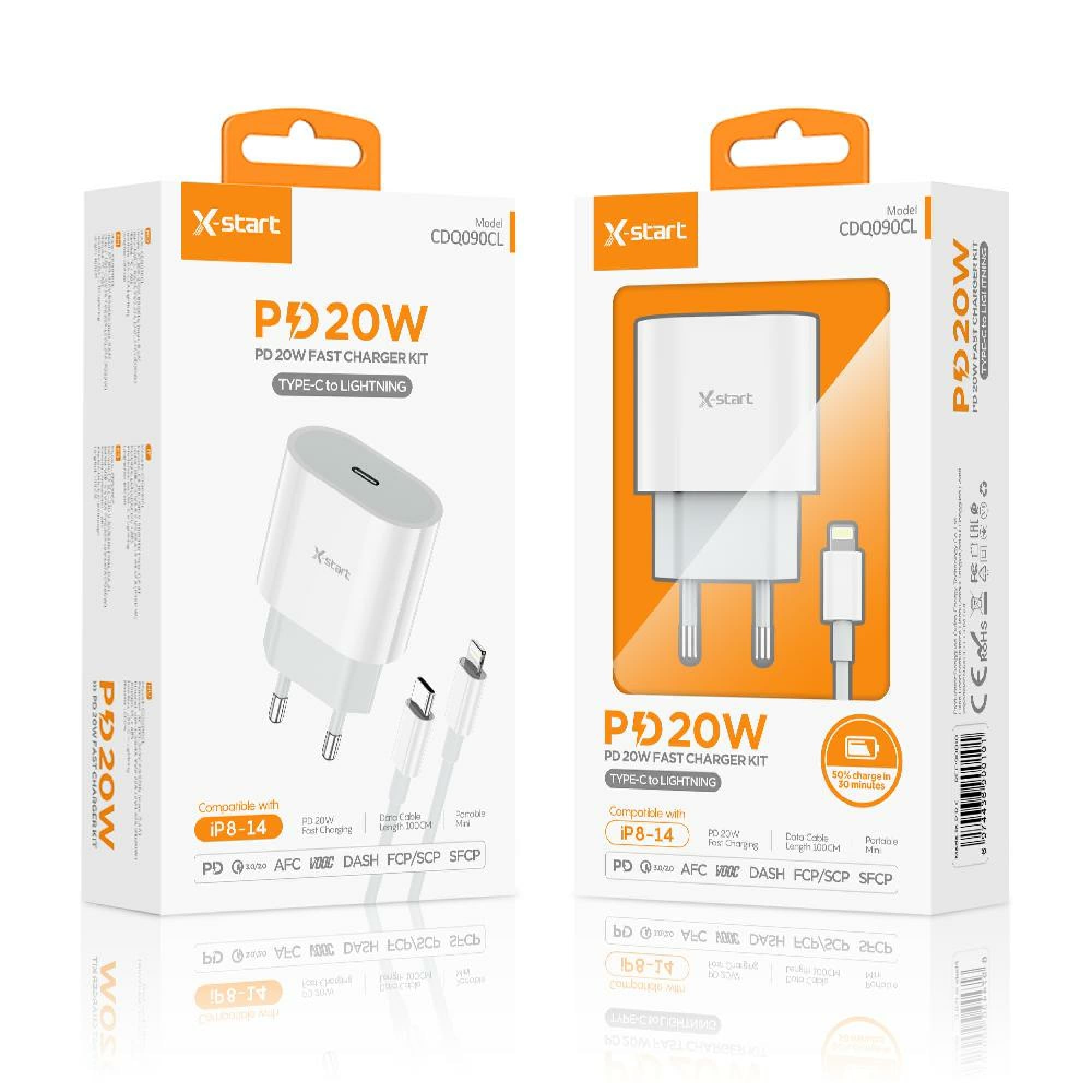 X-Start (CDQ090CL) - Incarcator retea + Cablu Lightning, PD20W, 3A, 1xUSB-C, FastCharging, White 1