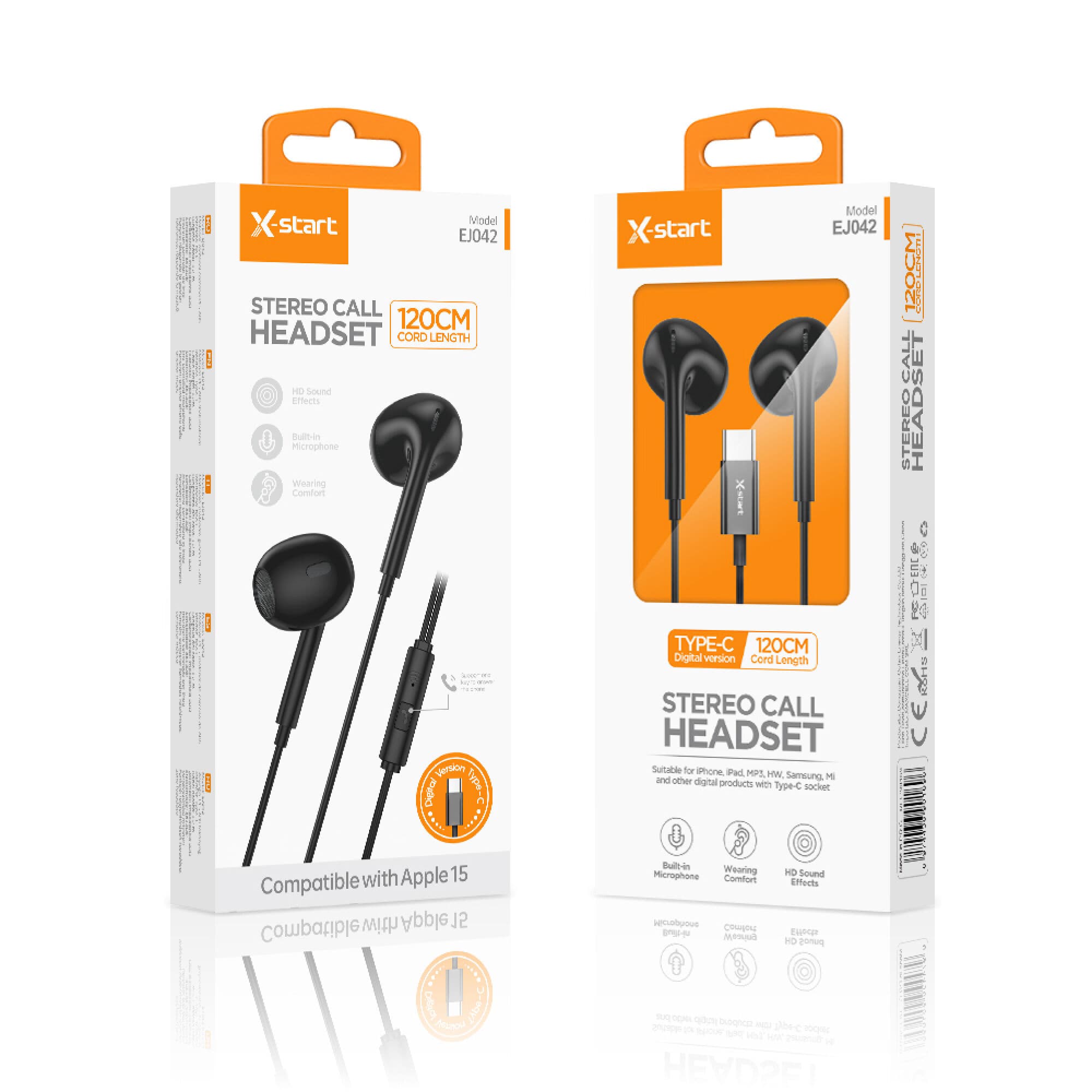 X-Start (EJ042) - Casti cu Fir, In Ear, USB-C, 1.2m, Mic &amp; Volume Key, 15 Series, Digital, Black 1