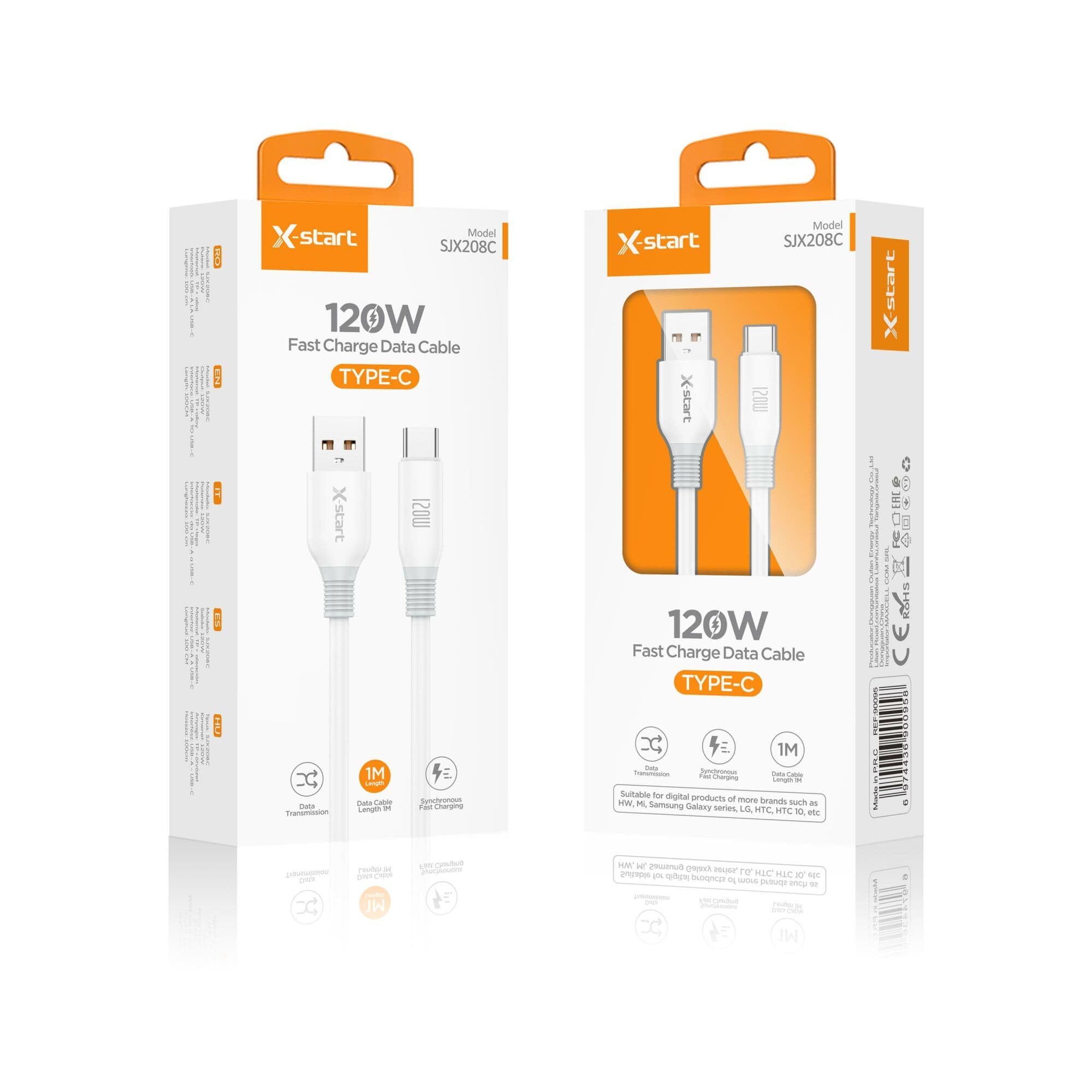 X-Start (SJX208C) - Cablu Date si Incarcare, USB-A la USB-C, 120W, 1m, Soft Texture, White 1