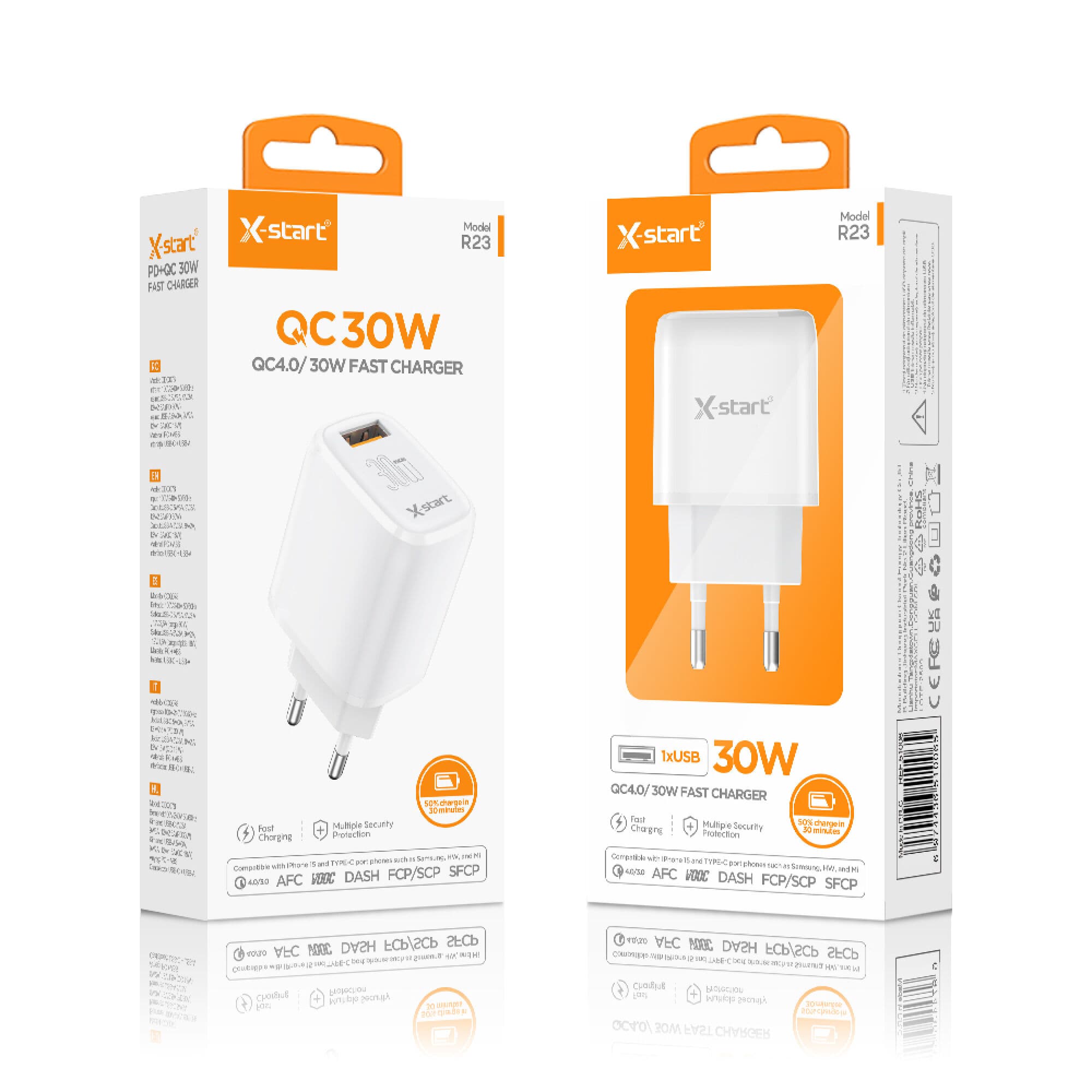 X-Start (R23) - Incarcatoare Priza, 1xUSB-A, 1xUSB-C, 30W, FastCharger, White 1