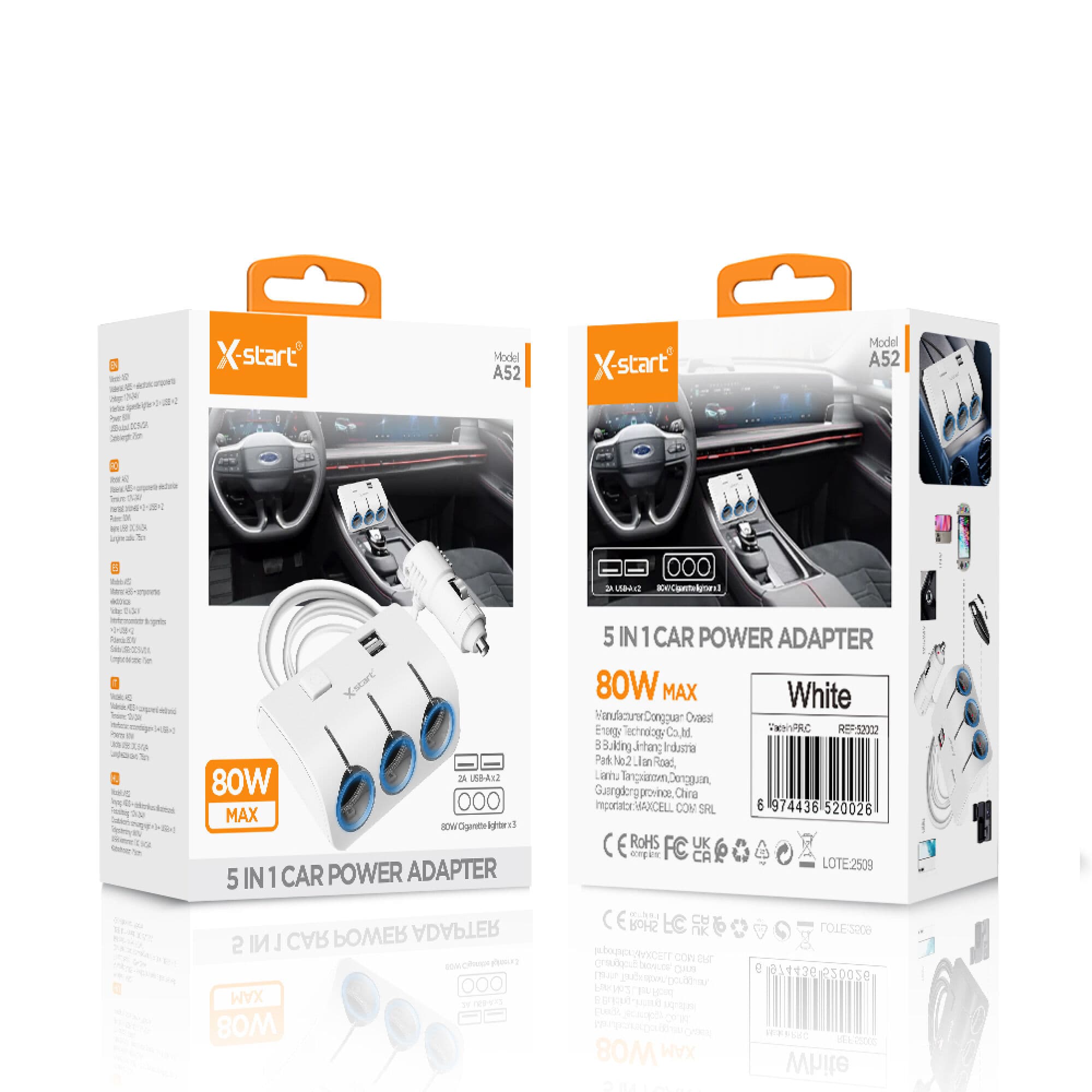 X-Start (A52) - Incarcator Auto, 5 in 1, 80W, 2xUSB-A, 3 Splitter, White 1