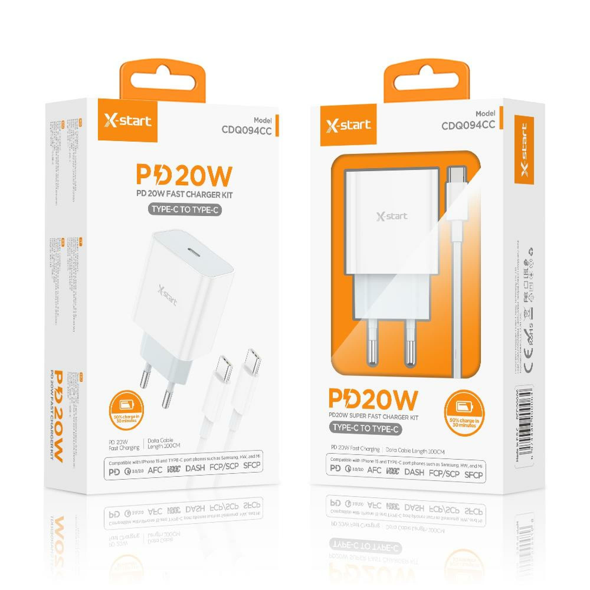 X-Start (CDQ094CC) - Incarcator retea + Cablu USB-C, PD20W, 1xUSB-C, SuperFast, White 1