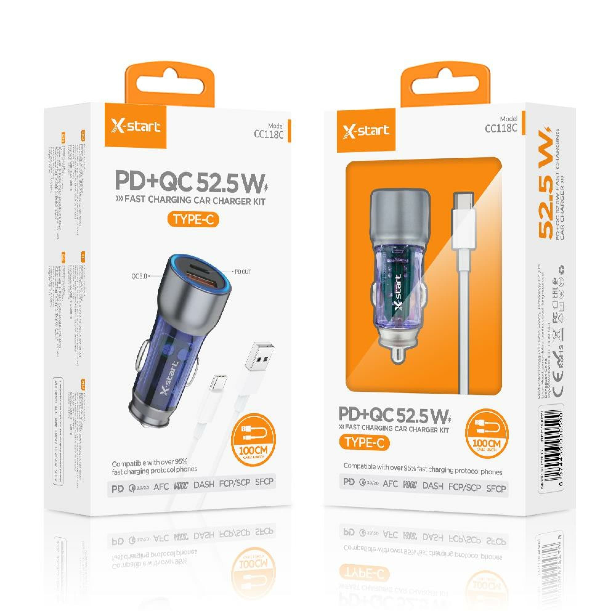 X-Start (CC118C) - Incarcator auto + Cablu USB-A la USB-C, 52.5W, 1xUSB-C, 1xUSB-A, QC 3.0, 1m, White 1