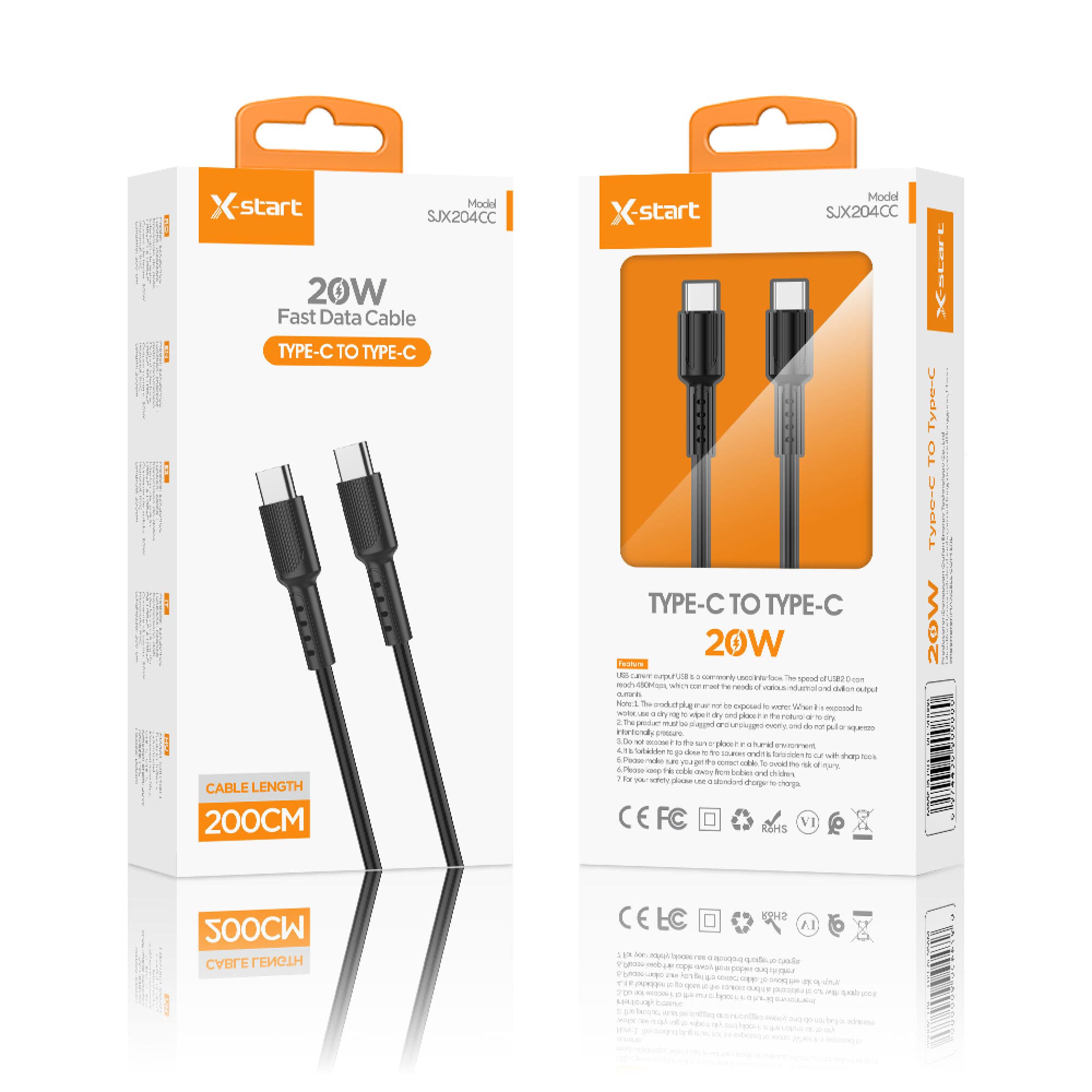 X-Start ( SJX204CC) - Cablu Date si Incarcare, USB-C, 20W, 2m, Basic Texture, Black 1