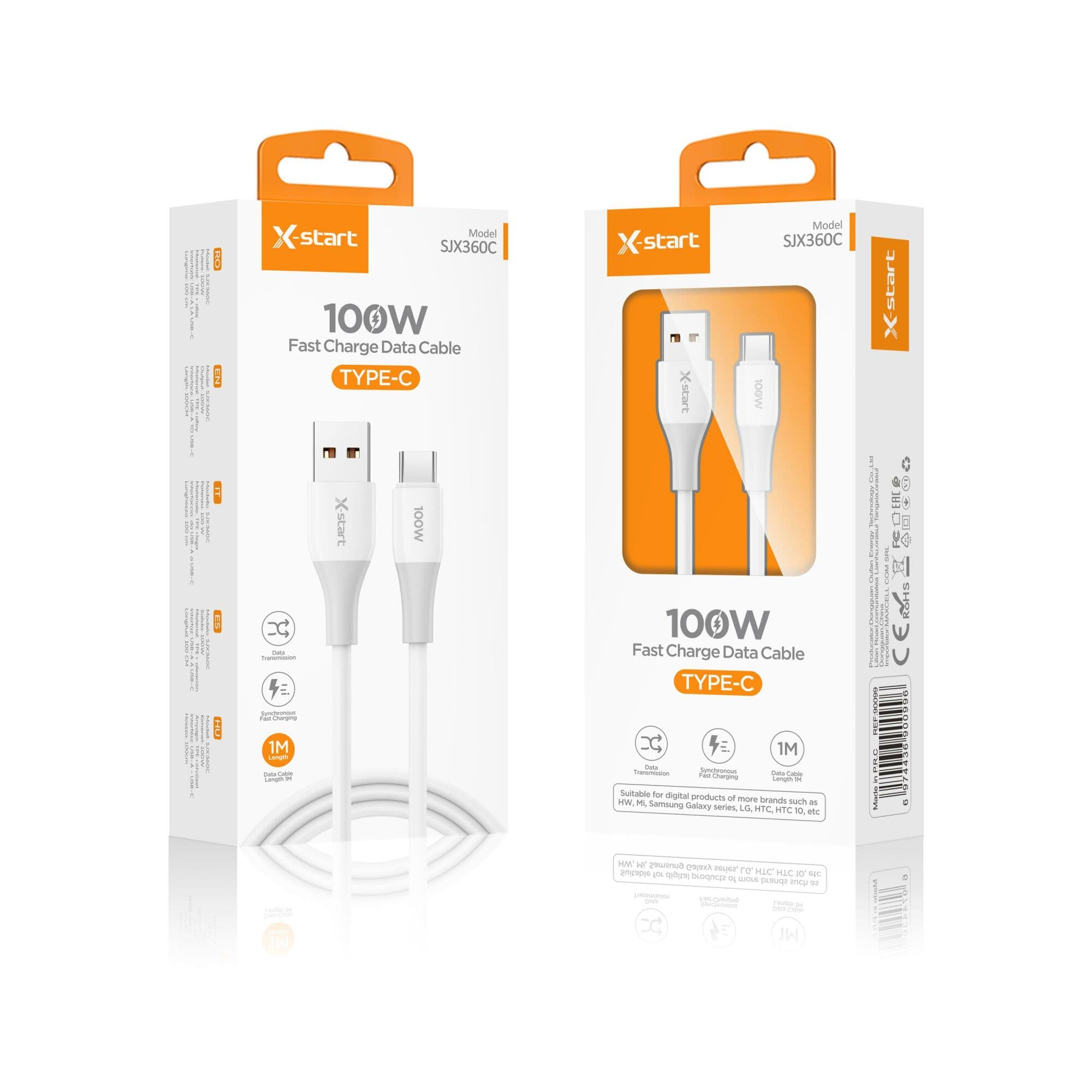 X-Start (SJX360C) - Cablu Date si Incarcare, USB-A la USB-C, 100W, 1m, Soft Texture, White 1