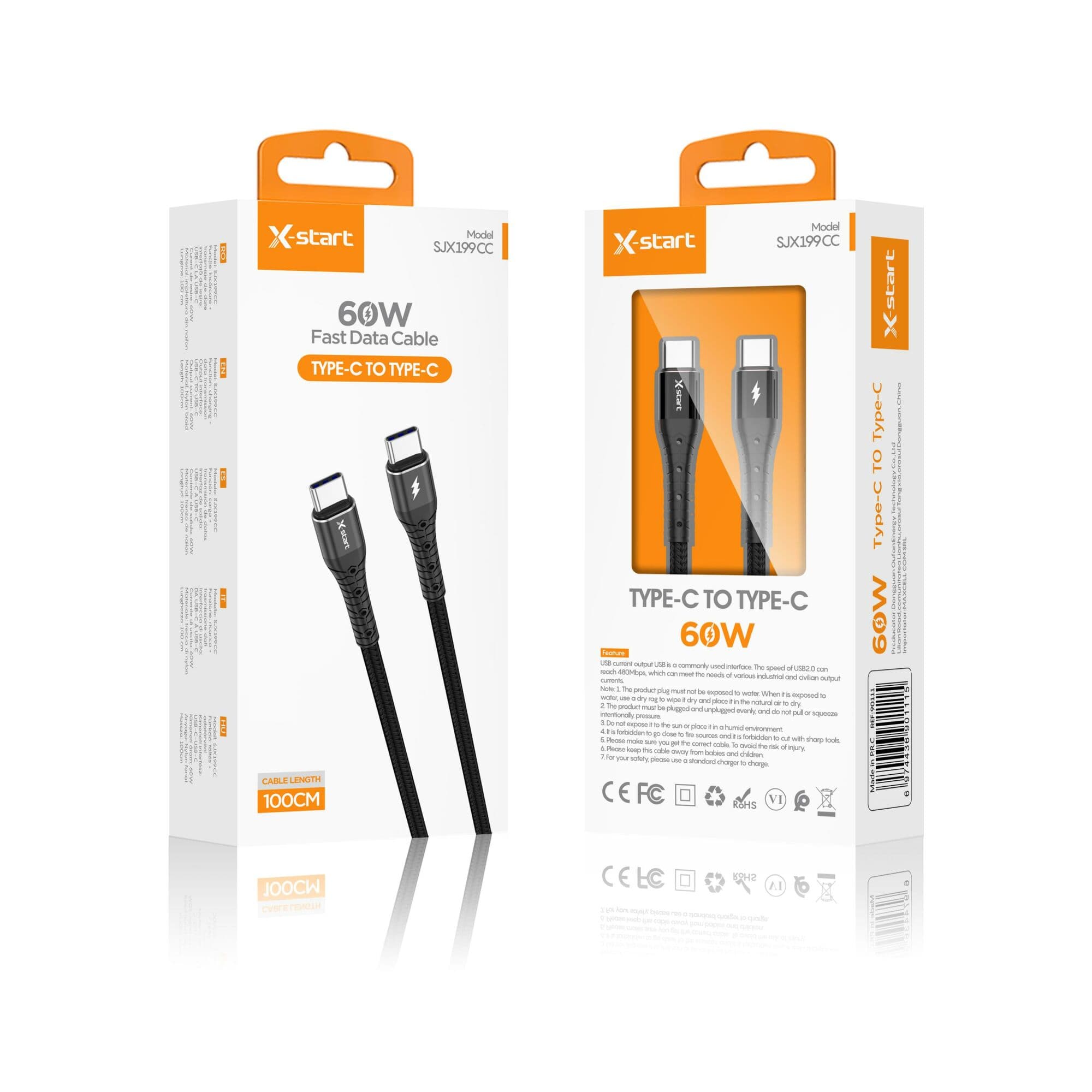 X-Start (SJX199CC) - Cablu Date si Incarcare, USB-C, 60W, 1m, Fast Charge, Black 1