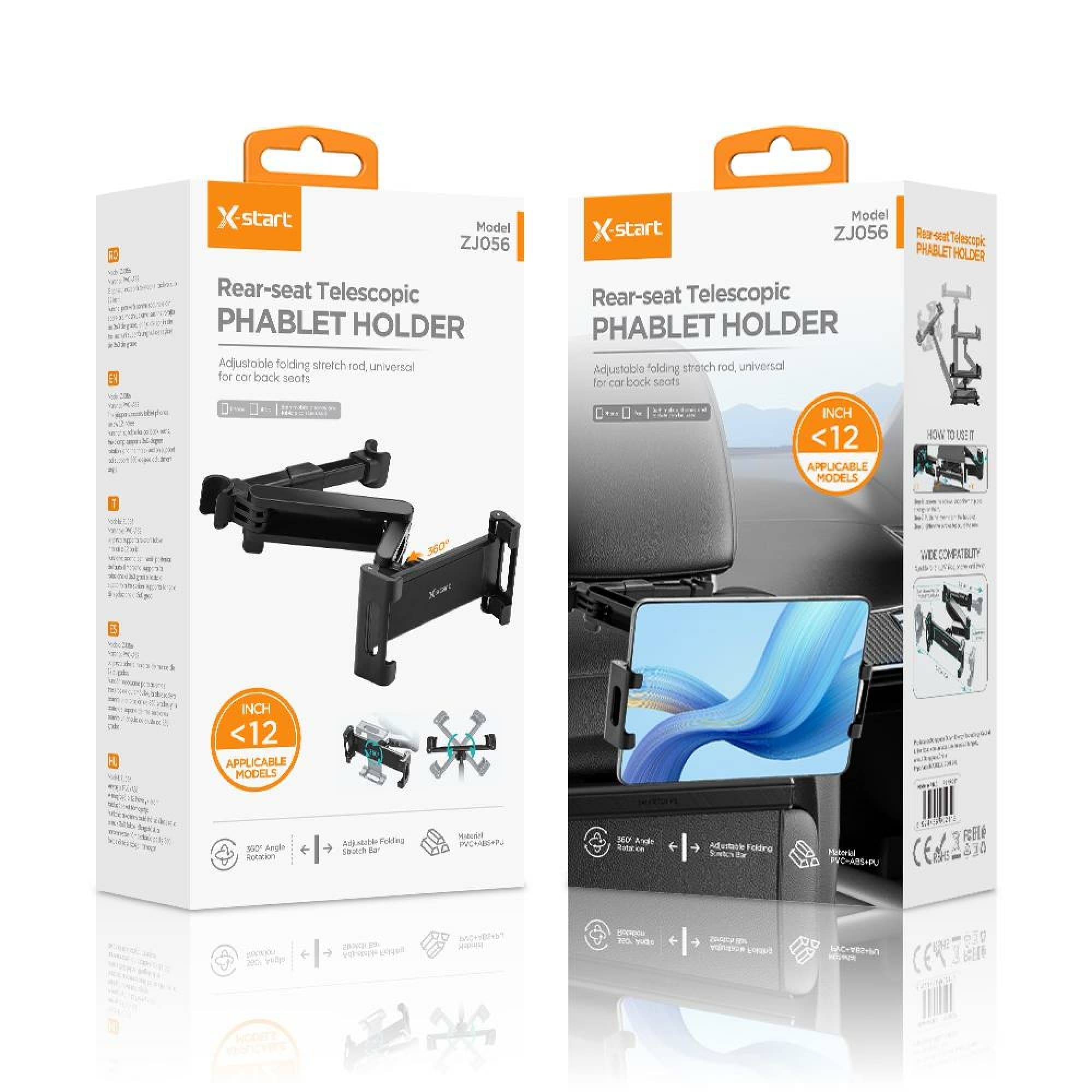 X-Start (ZJ056) - Suport Auto, cu cleme laterale, montaj Tetiera, tableta/telefon, Ajustabil (12"), Black 1