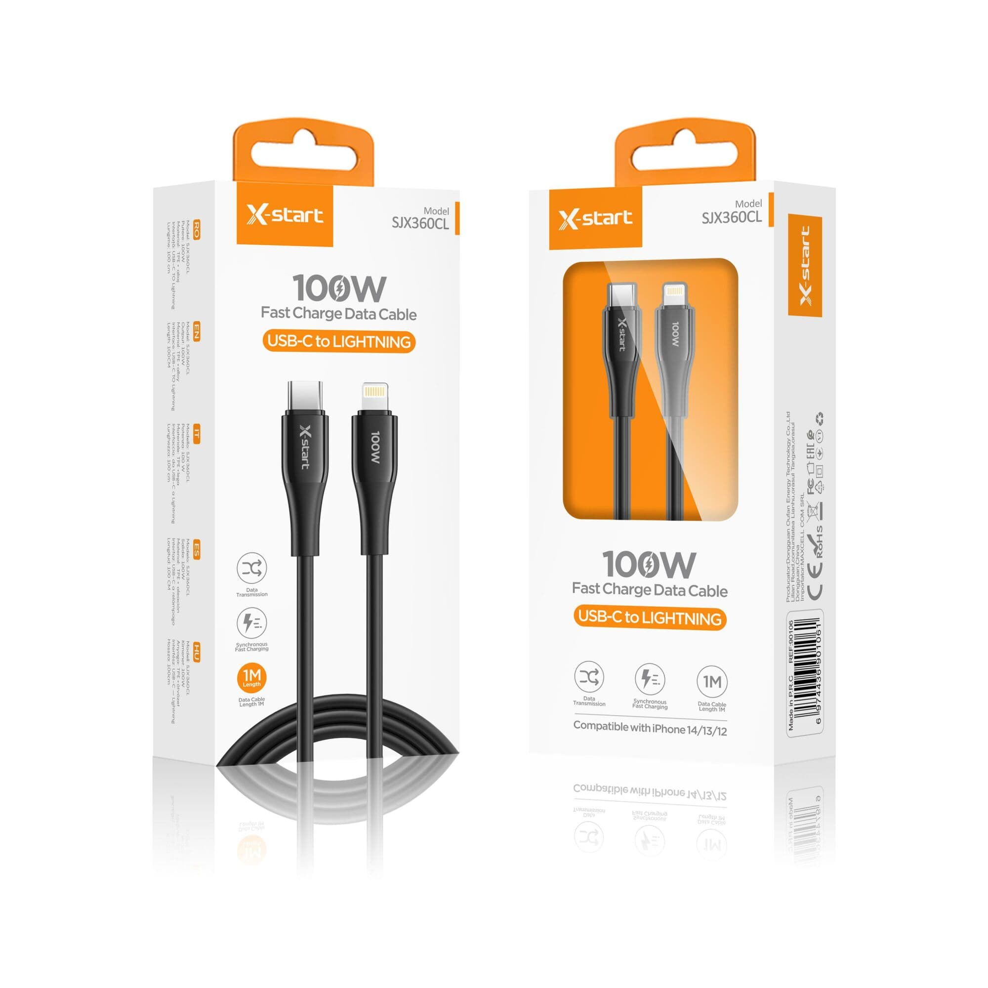 X-Start (SJX360CL) - Cablu Date si Incarcare, USB-C la Lightning, 100W, 1m, Soft Texture, Black 1