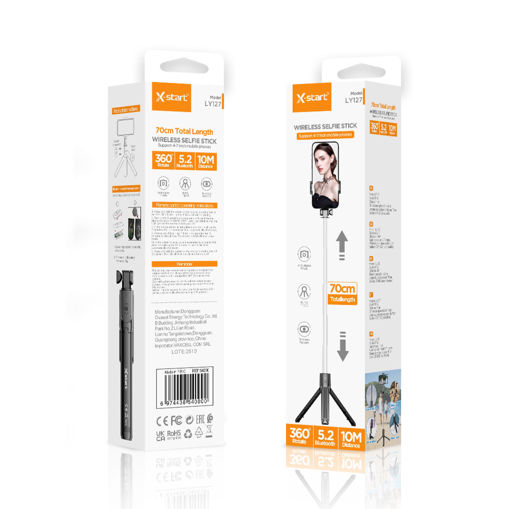 X-Start (LY127) - Selfie Stick, pentru telefon, brat telescopic, Tripods, 70cm, Multifunction, Black 1