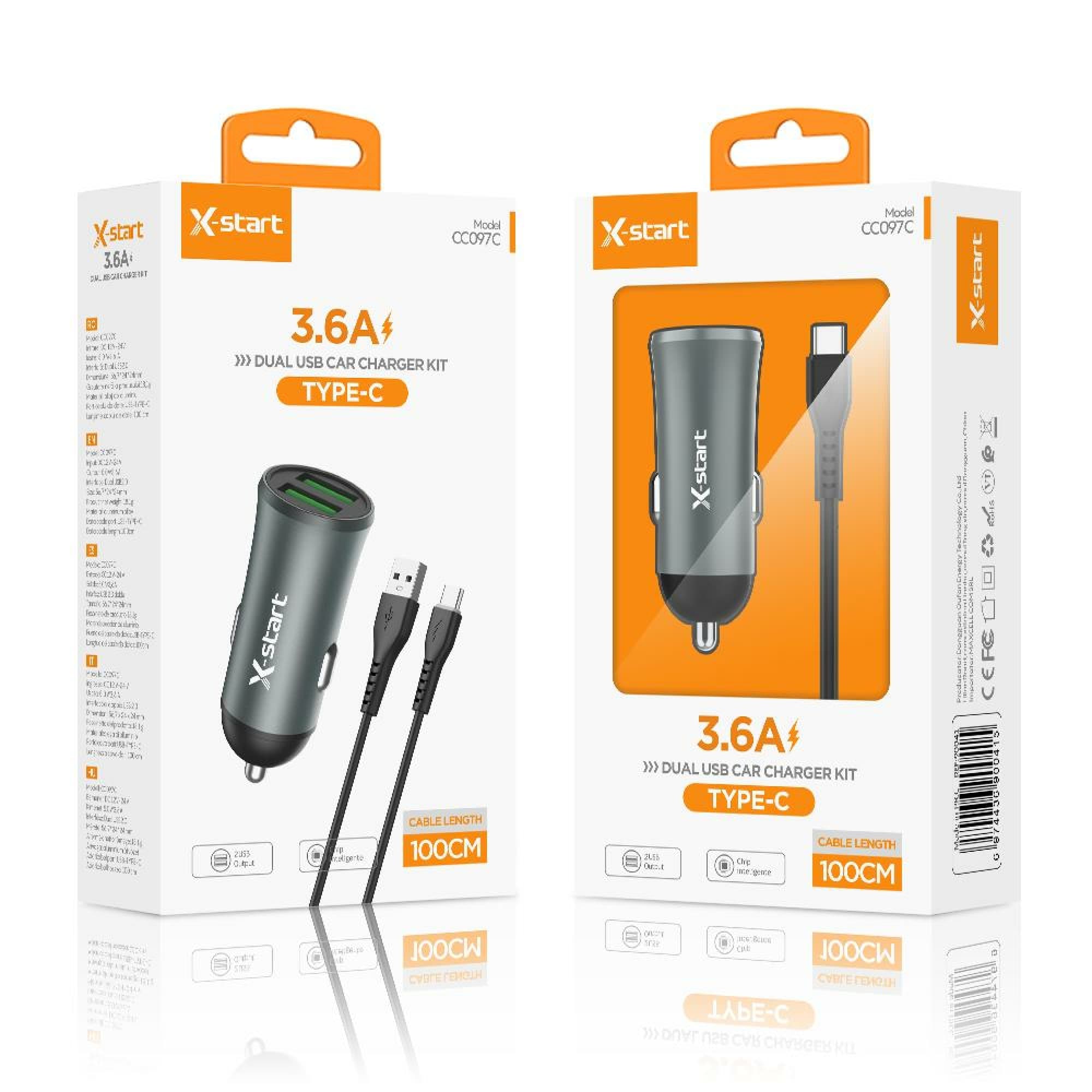 X-Start (CC097C) - Incarcator auto + Cablu USB-C, 2xUSB-A, 5V,3.6A , 1m, Gray+Black 1