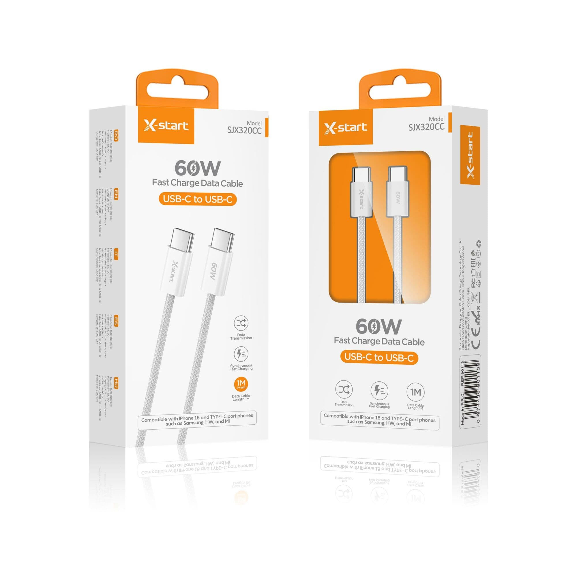 X-Start (SJX320CC) - Cablu Date si Incarcare, USB-C, 60W, 1m, Fast Charge, iP15 Series, Off-White 1