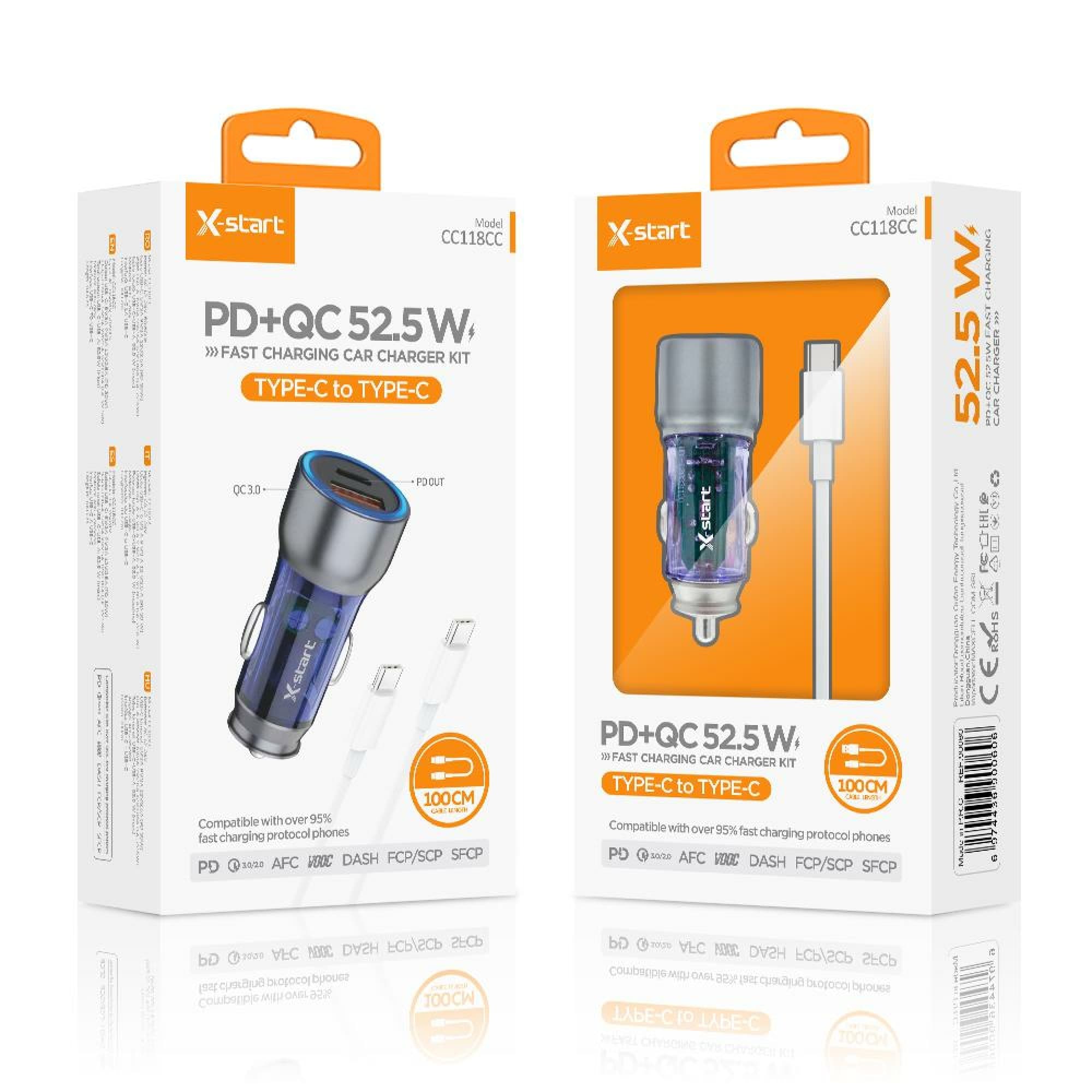 X-Start (CC118CC) - Incarcator auto + Cablu USB-C, 52.5W, 1xUSB-C, 1xUSB-A, QC 3.0, 1m, White 1
