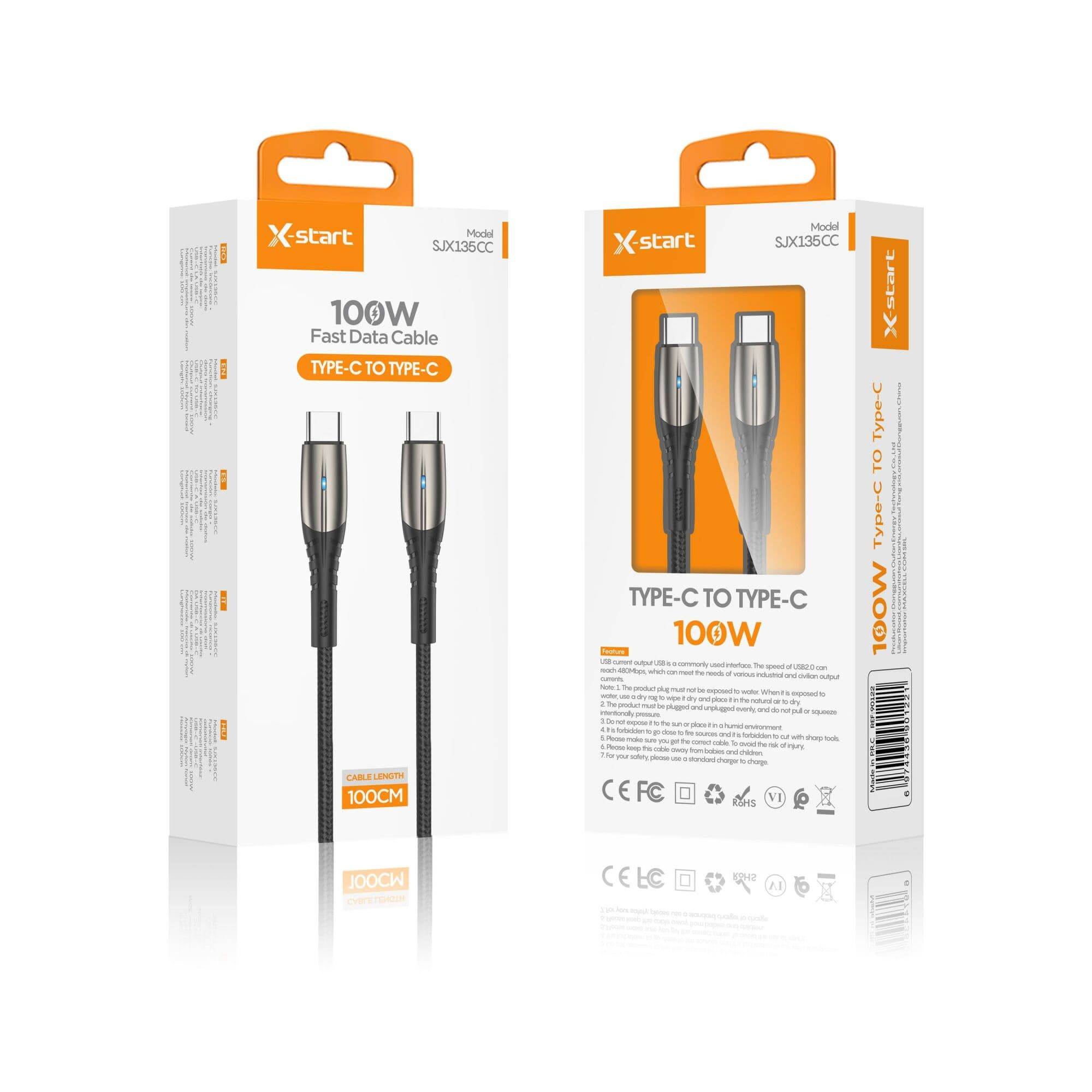 X-Start ( SJX135CC) - Cablu Date si Incarcare, USB-C, 100W, 1m, SuperFast, Braided, Iron Black 1