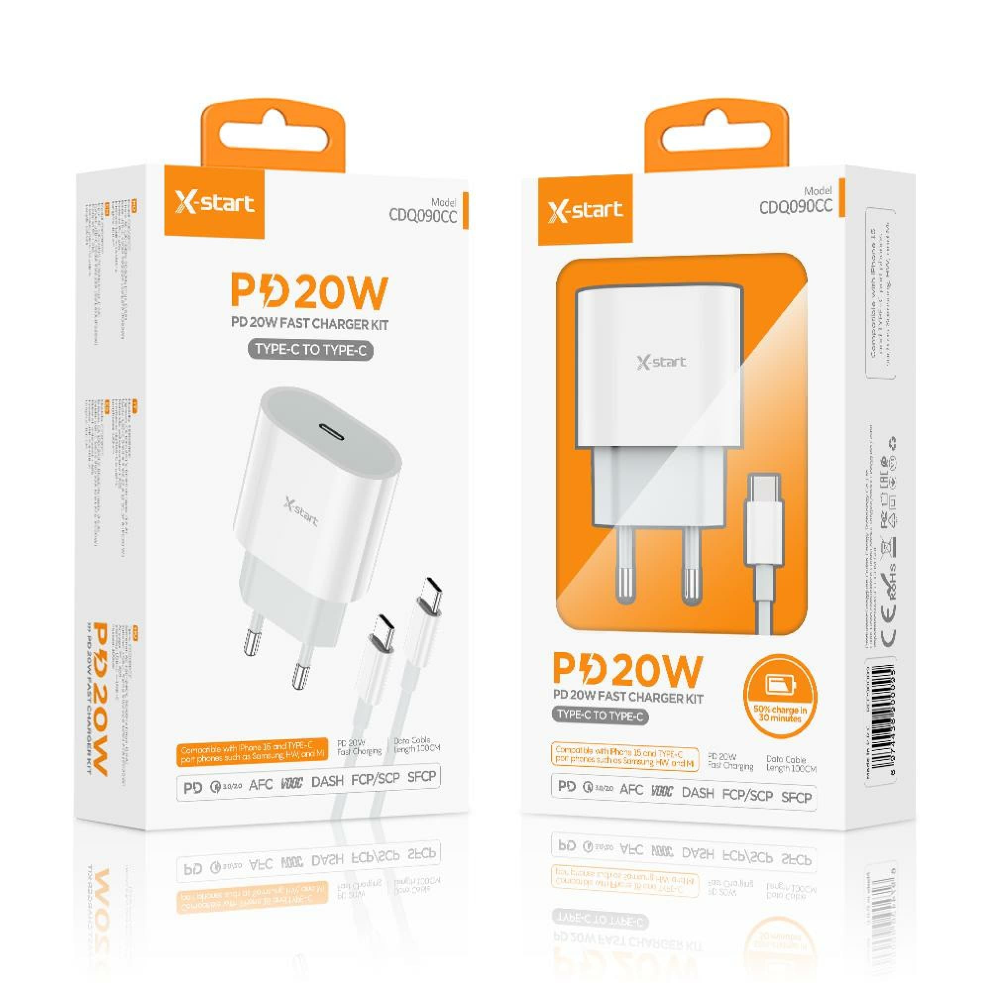 X-Start (CDQ090CC) - Incarcator retea + Cablu USB-C, PD20W, 3A, 1xUSB-C, 1m, FastCharging , White 1