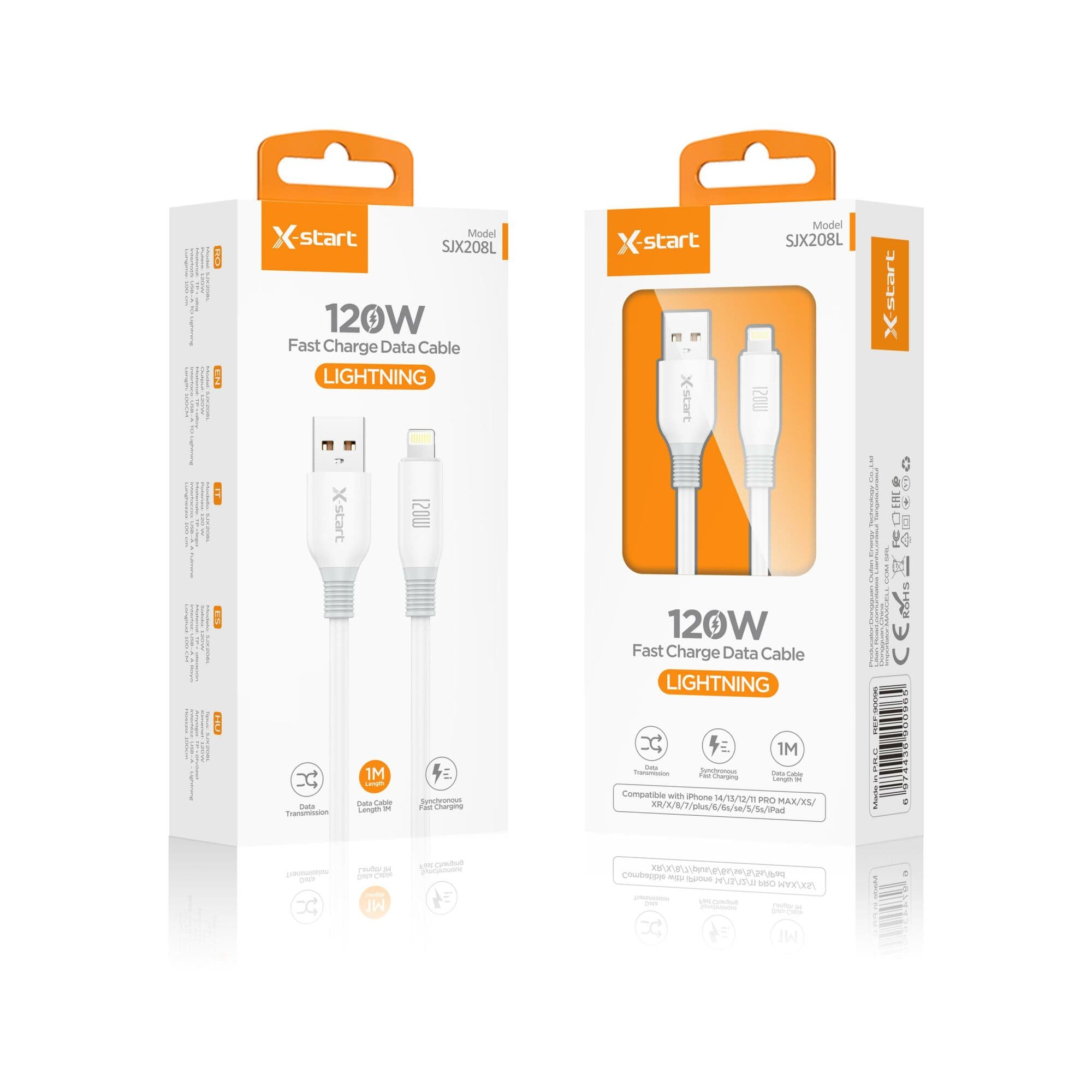 X-Start (SJX208L) - Cablu Date si Incarcare, USB-A la Lightning, 120W, 1m, Soft Texture, White 1