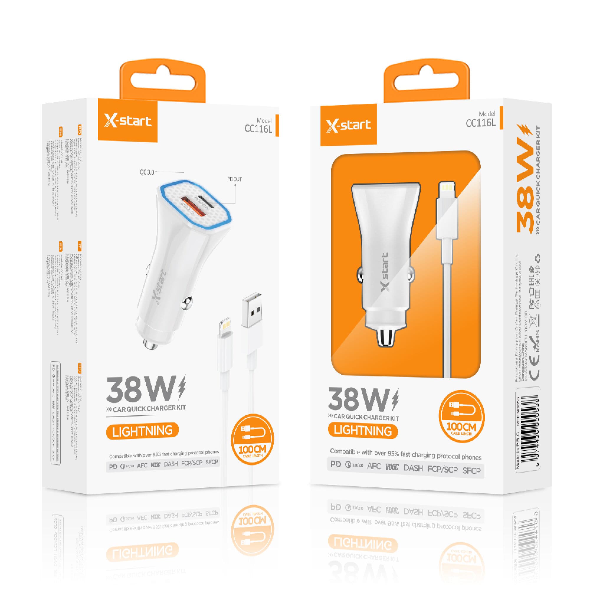 X-Start (CC116L) - Incarcator auto + Cablu USB-A la Lightning,38W, 1xUSB-C, 1xUSB-A, QC 3.0, 1m,White 1