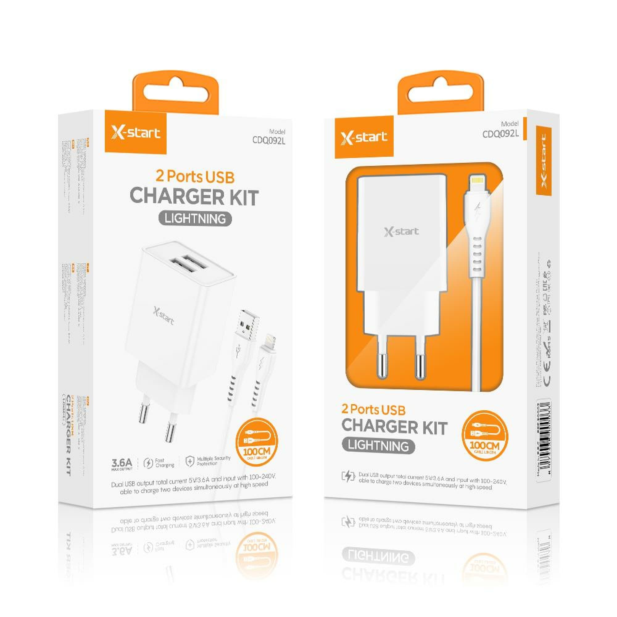 X-Start (CDQ092L) - Incarcator retea + Cablu Lightning, 3.6A,5V, 2xUSB-A, White 1