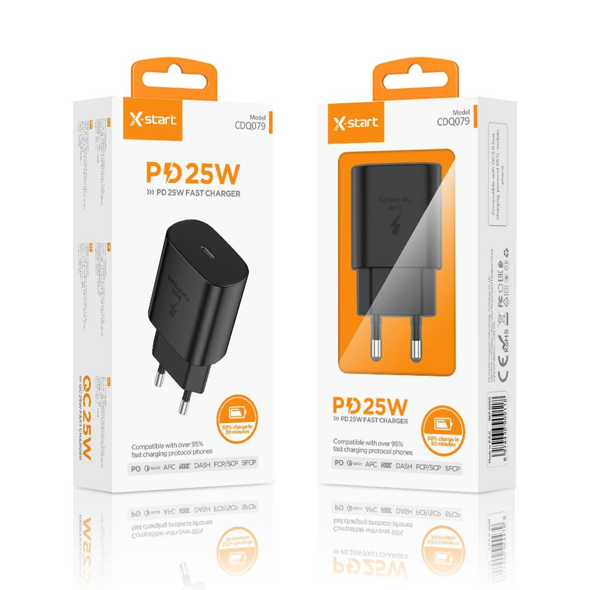 X-Start (CDQ079) - Incarcator Priza, PD25W, 3A, 1xUSB-C, SuperFast, Black 1