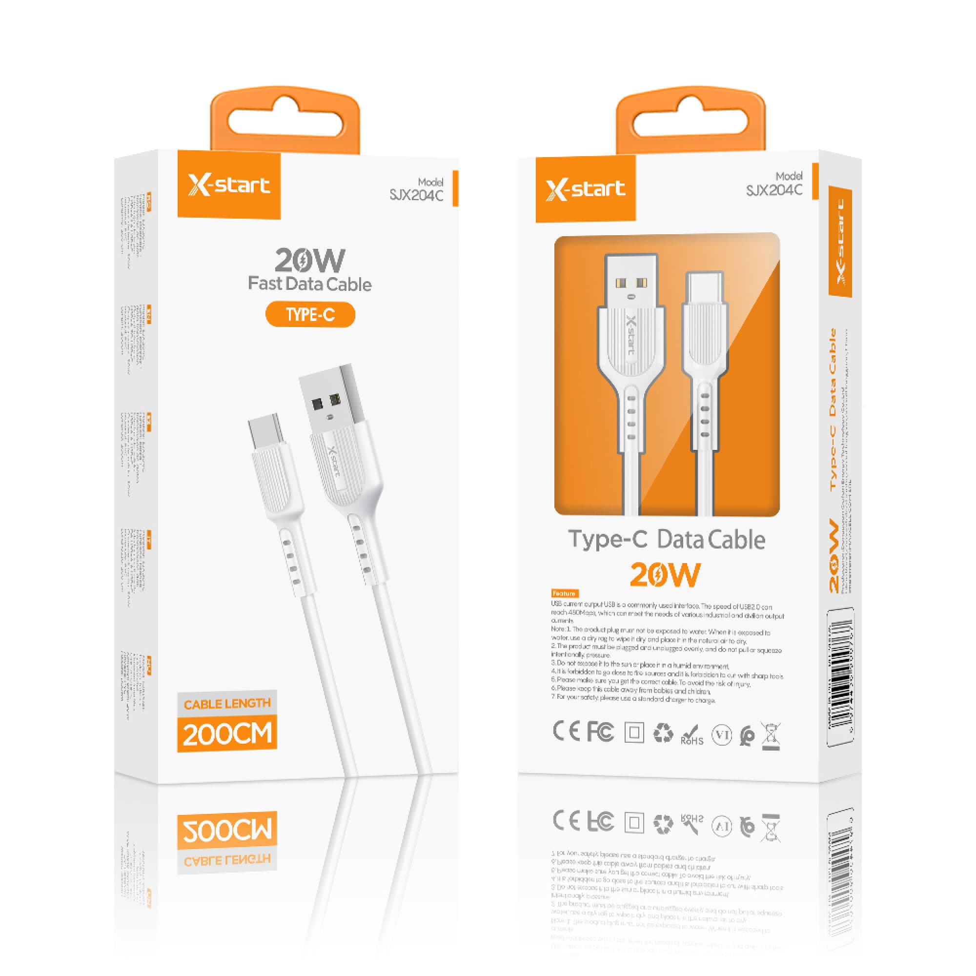 X-Start (SJX204C) - Cablu Date si Incarcare, USB-A la USB-C, 20W, 2m, Classic Texture, White 1