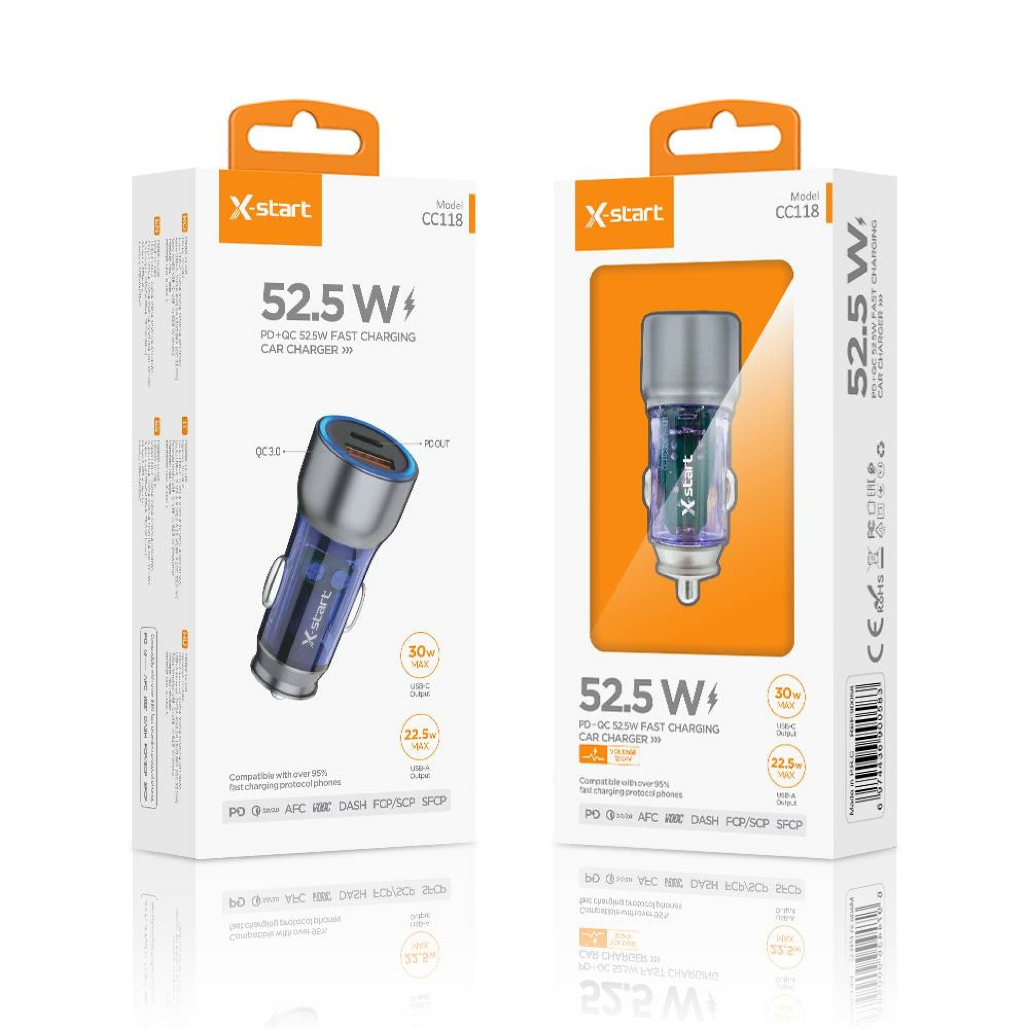 X-Start (CC118) - Incarcator auto,52.5W,1xUSB-C,1xUSB-A,QC 3.0,Metall ,Transparent 1