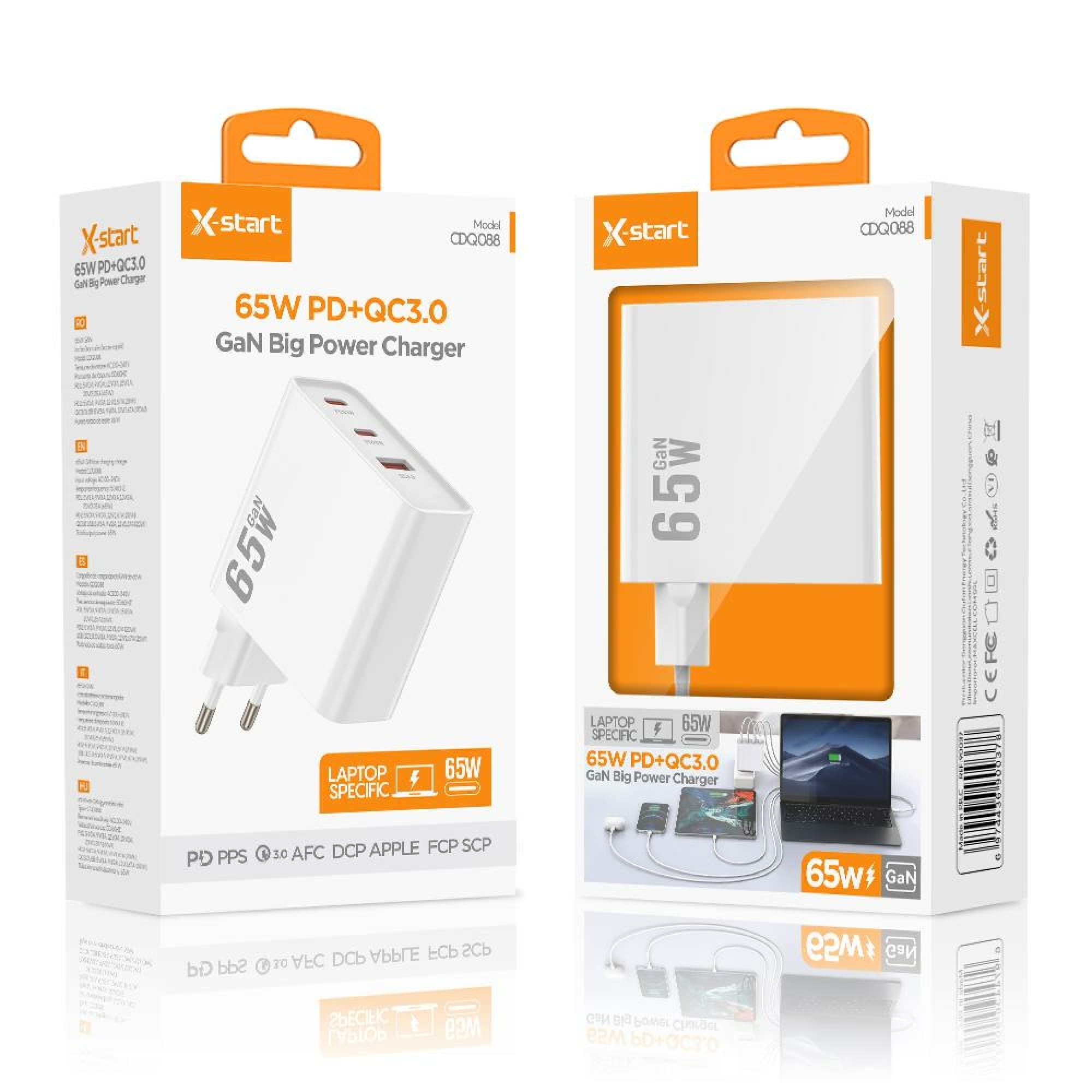 X-Start (CDQ088) - Incarcator Priza, GaN 65W, 2xUSB-C, 1xUSB-A, 20W, QC3.0, SuperFast, White 1